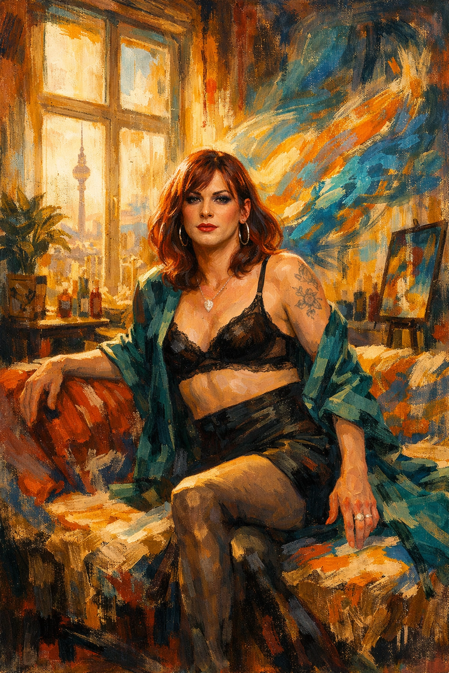 Contemporary painting depicting trans woman in Berlin apartment by gay painter Hortensia Mi Kafchin