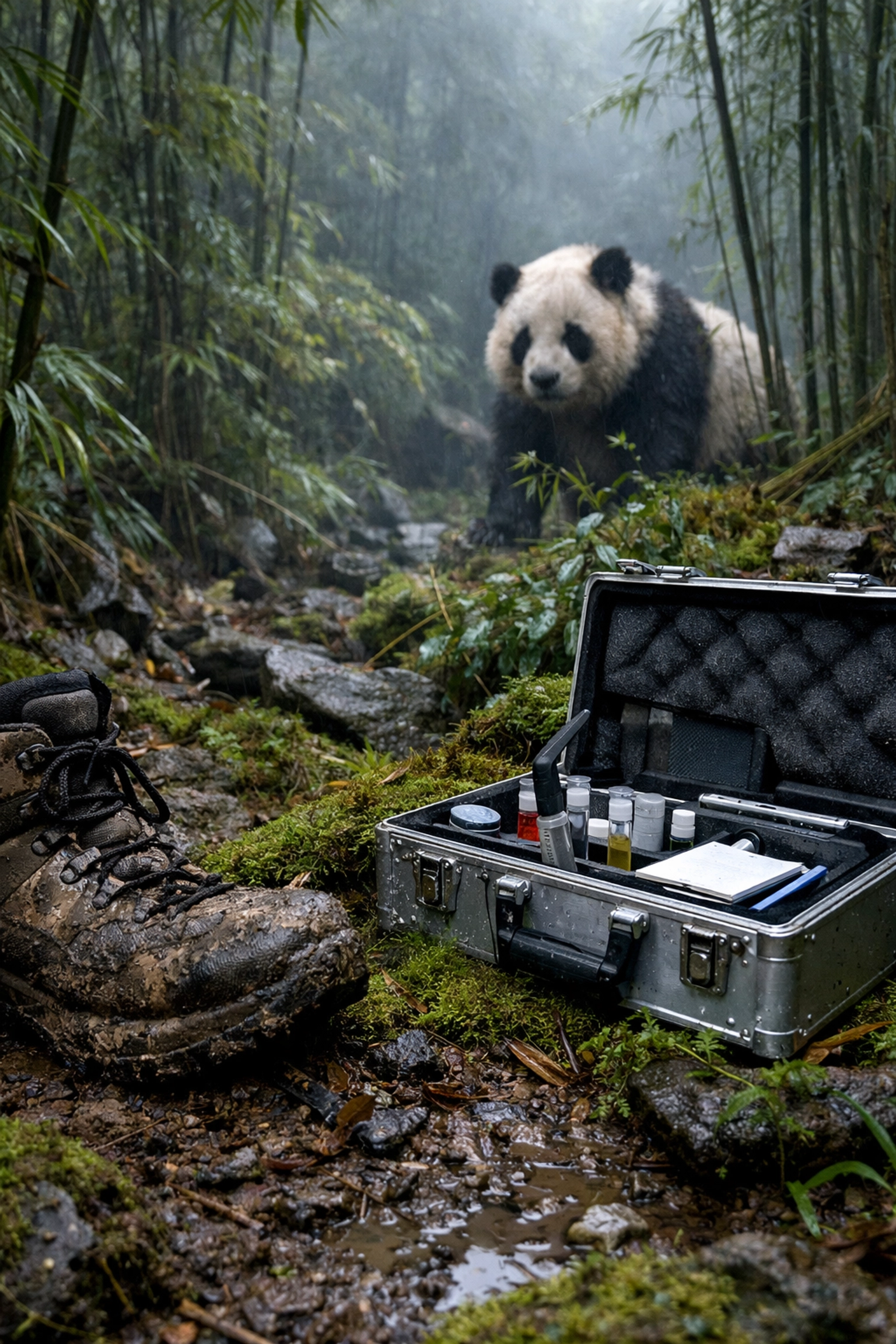 Field research gear in a bamboo forest habitat with a giant panda in the background.