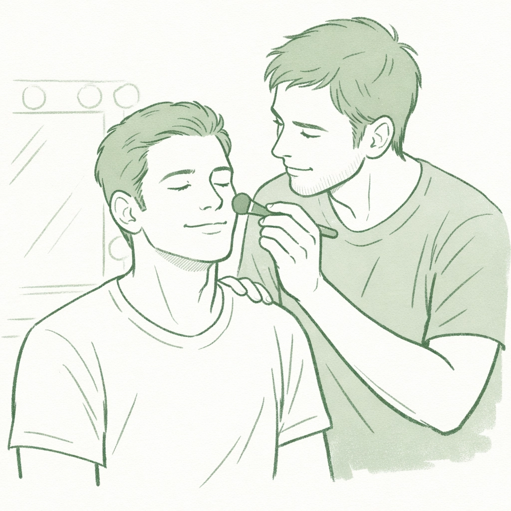 Two gay men sharing an intimate makeup transformation moment, one applying makeup to the other