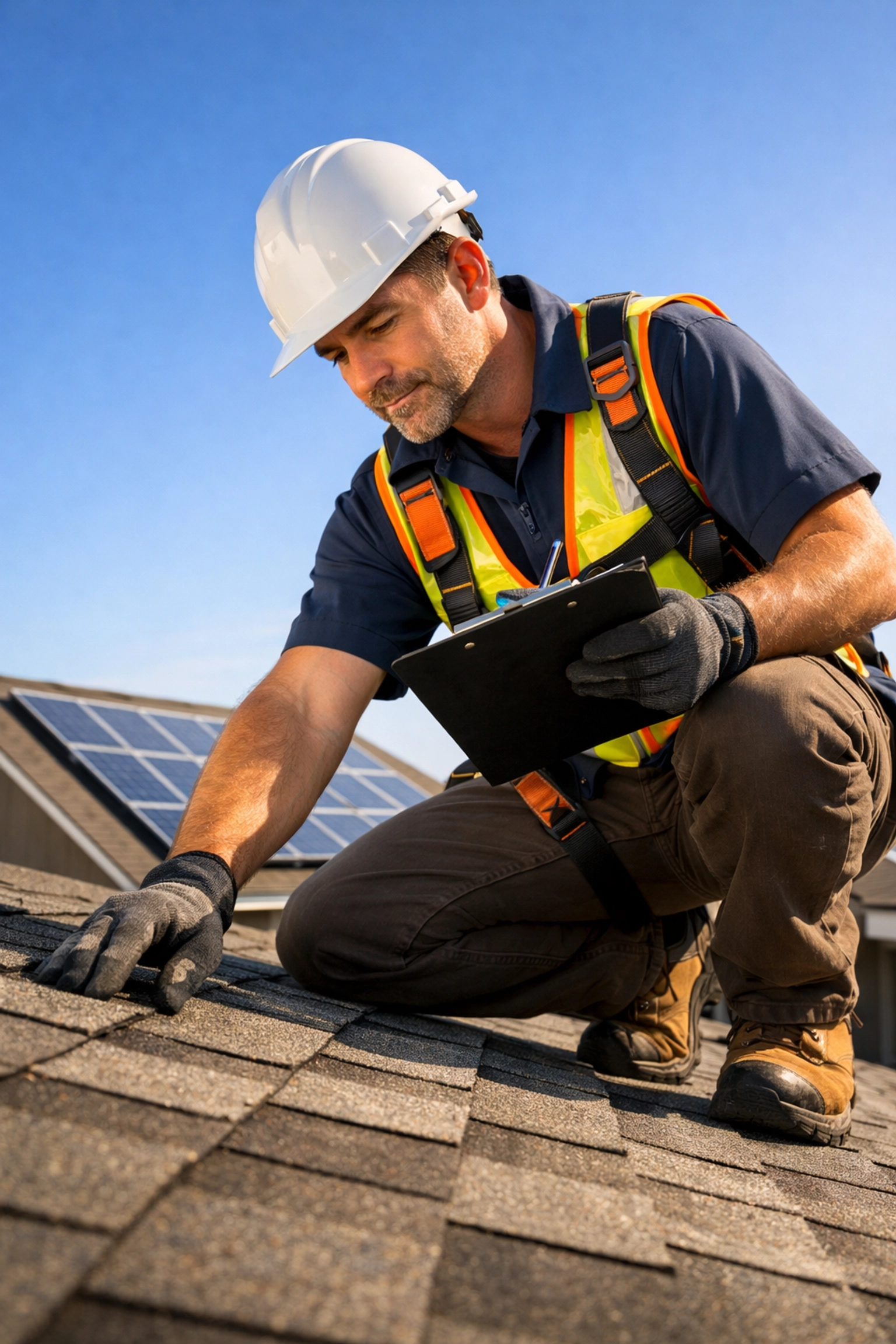 Professional roofing contractor inspecting asphalt shingles before solar panel installation