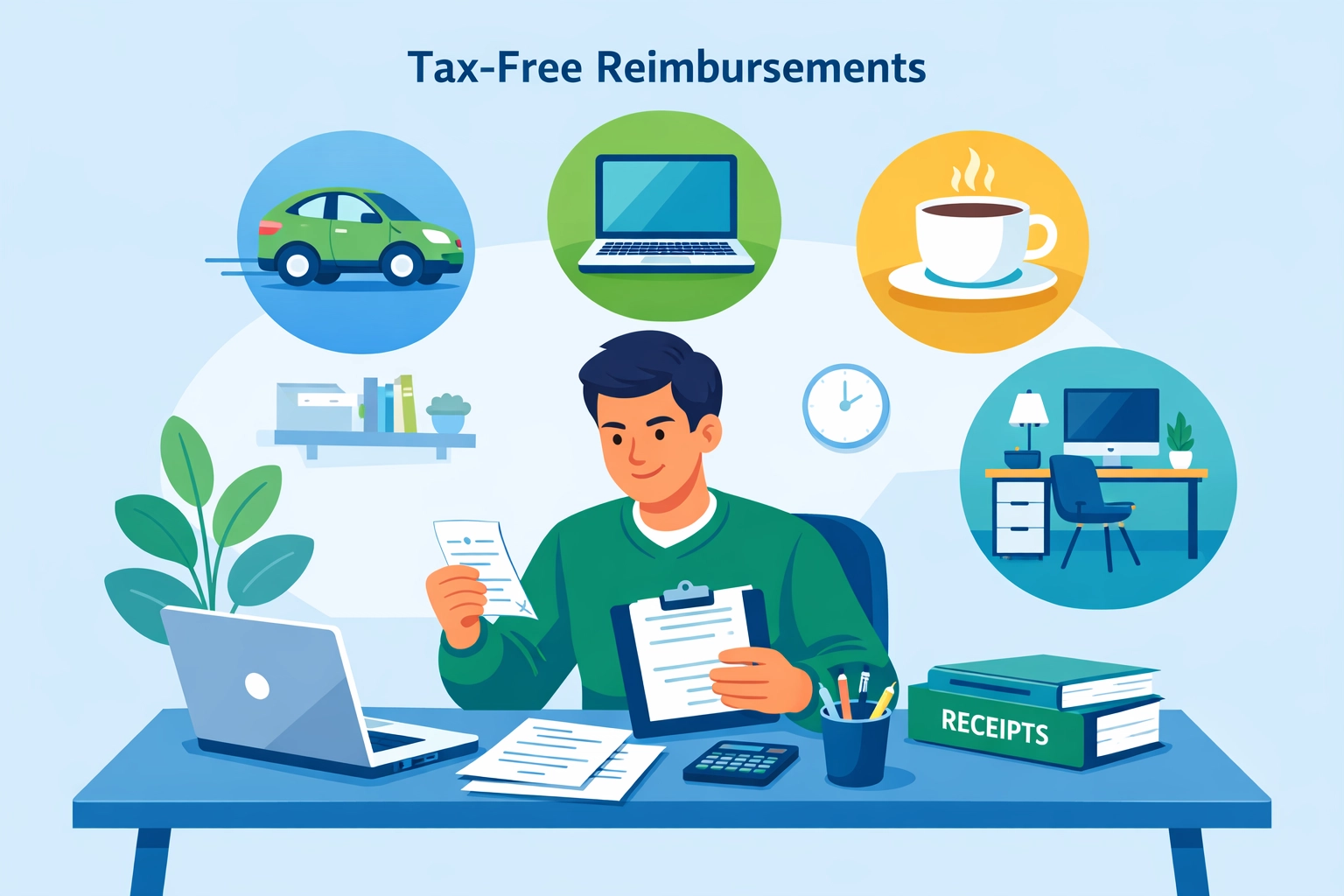 Small business owner reviewing tax-deductible expense receipts for accountable plan reimbursements