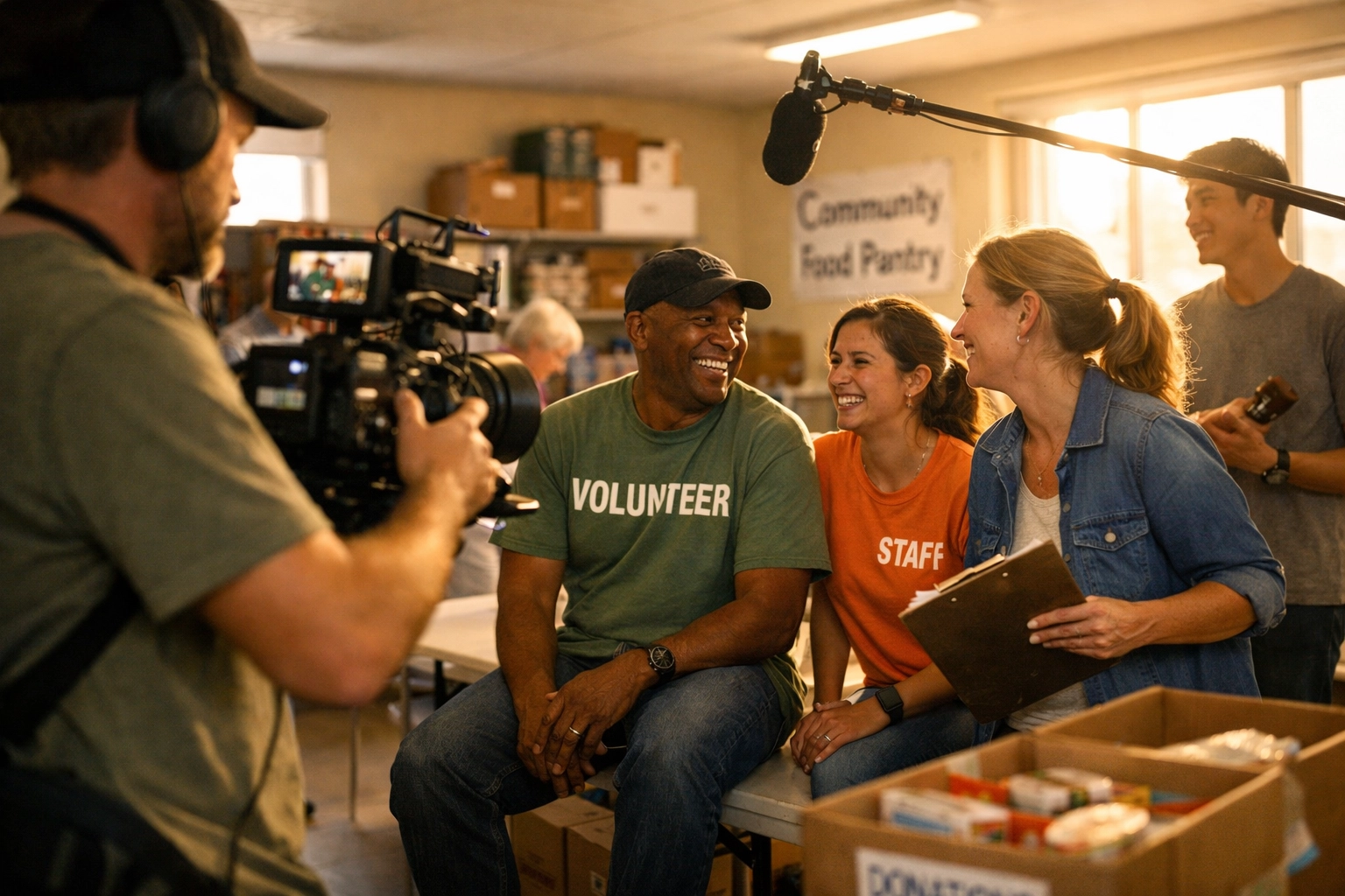 Nonprofit video production capturing genuine moments with community workers in real environment