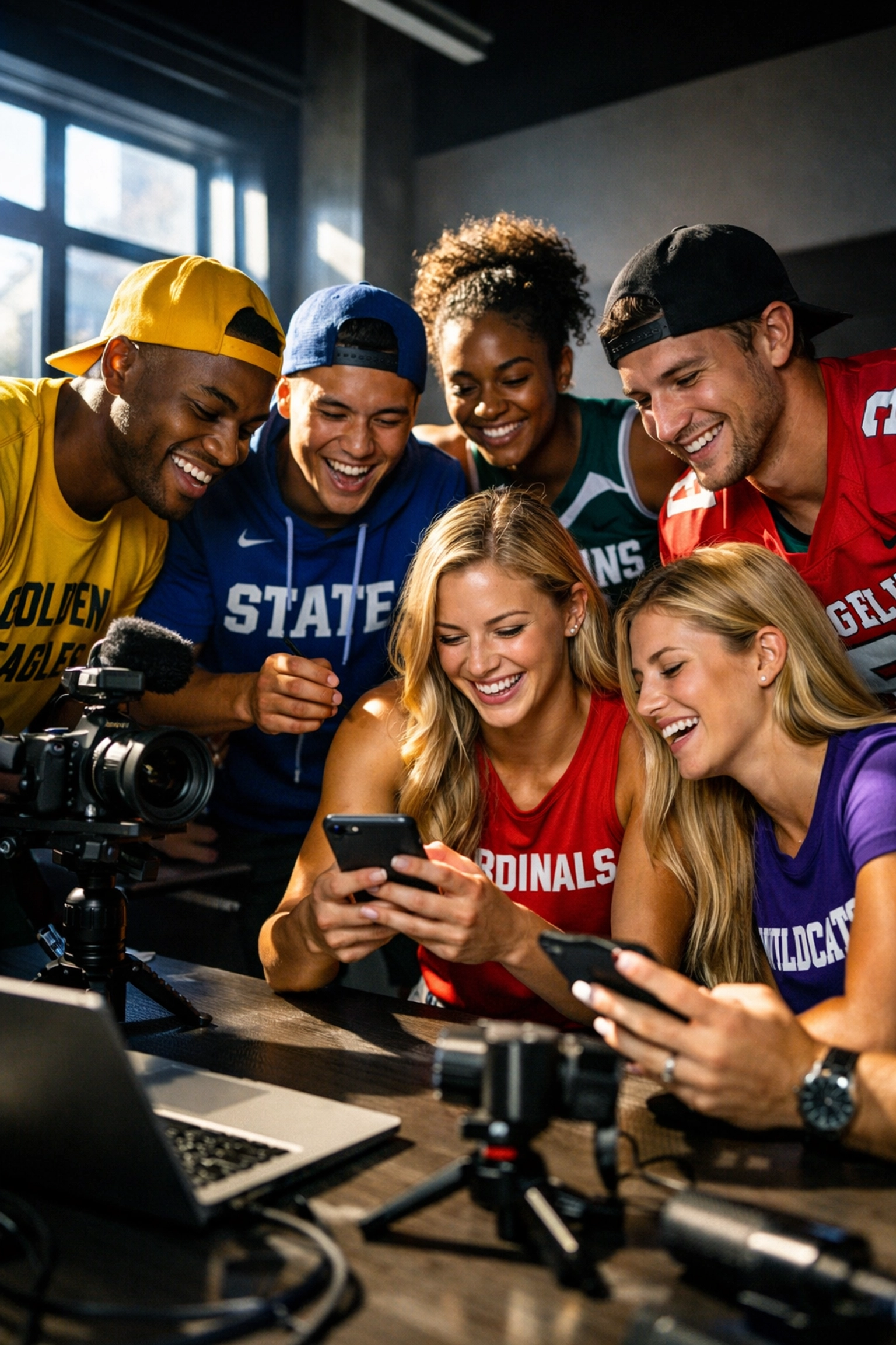 College athletes creating NIL content together with smartphones and cameras on campus