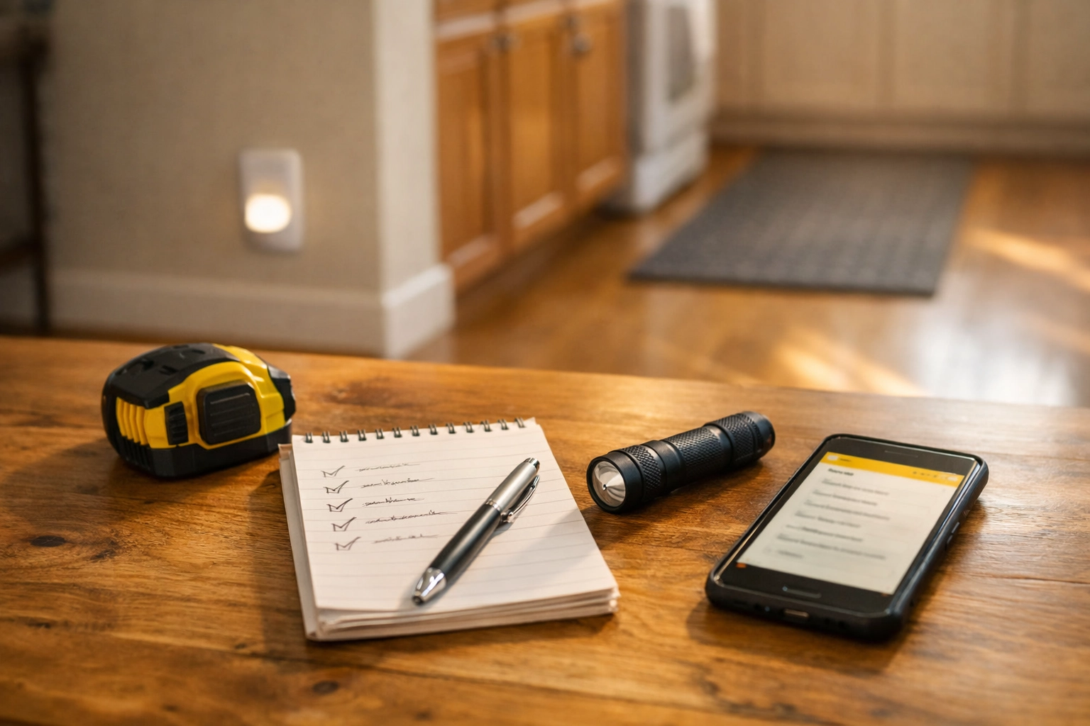 Home mobility assessment tools including a checklist, measuring tape, and flashlight on a table.