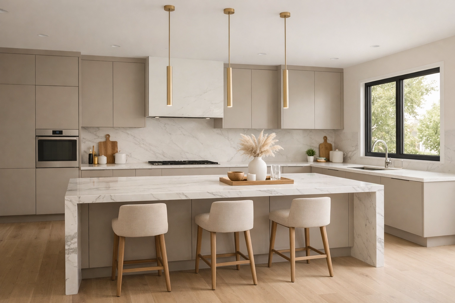 Contemporary bespoke kitchen in Derby featuring a marble island and neutral mushroom cabinetry.