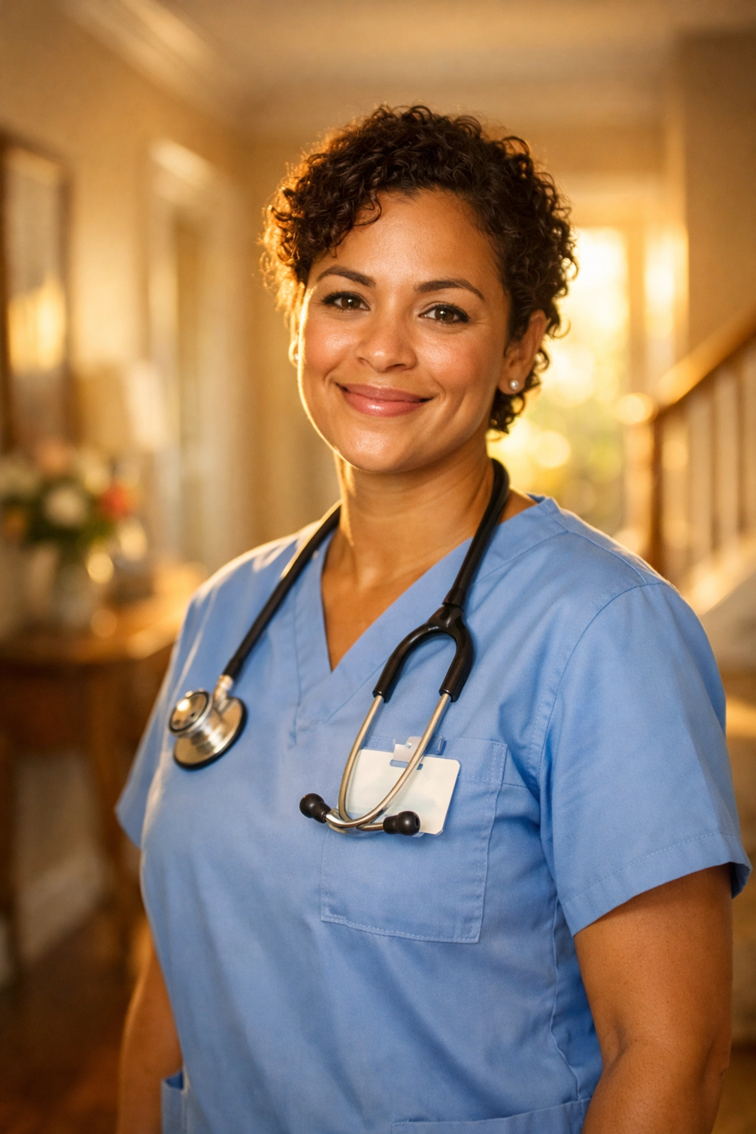 A professional healthcare assistant smiling while providing quality elderly care and home-based support.