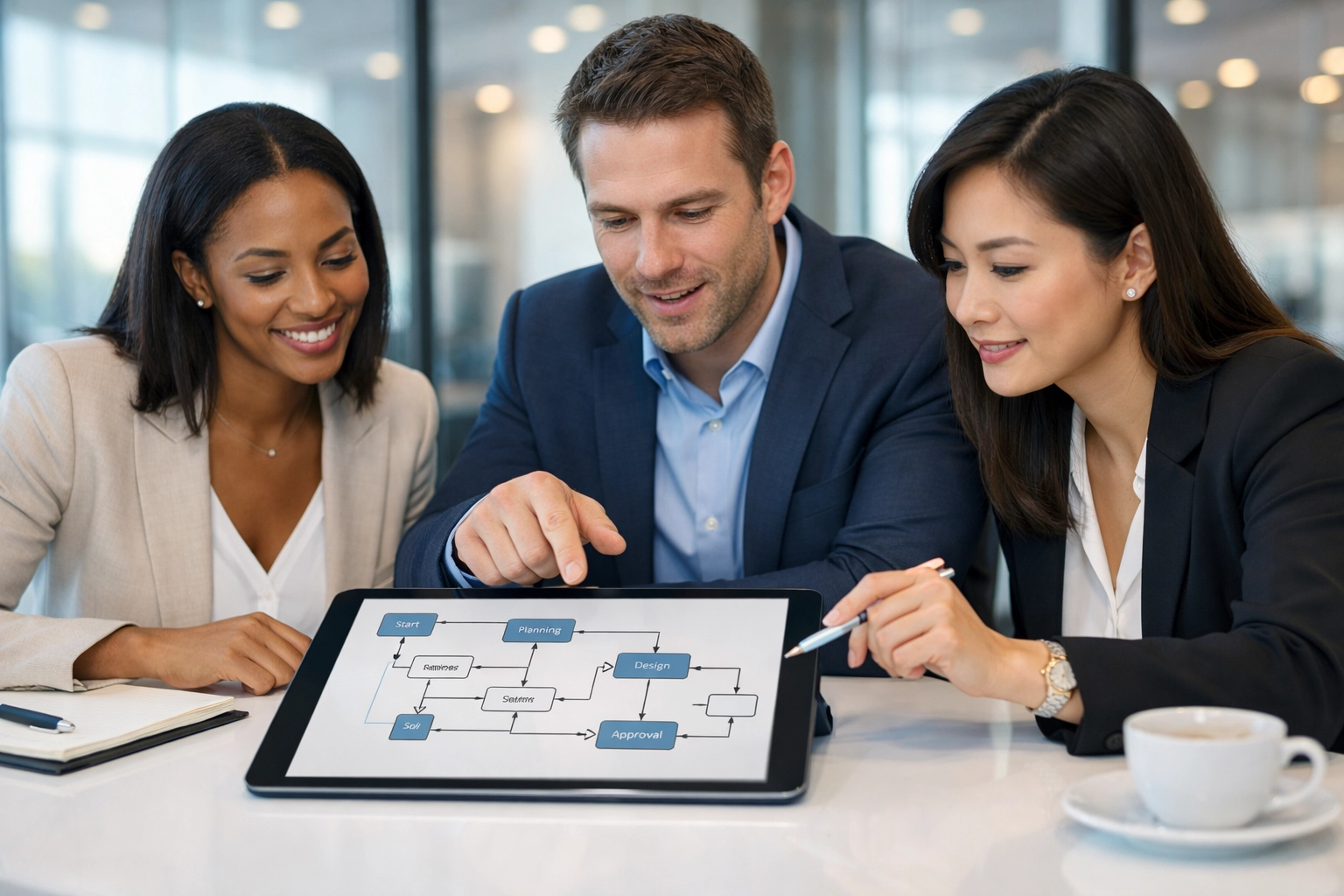 IT professionals collaborating on a data architecture flowchart for a ServiceNow ITAM implementation.