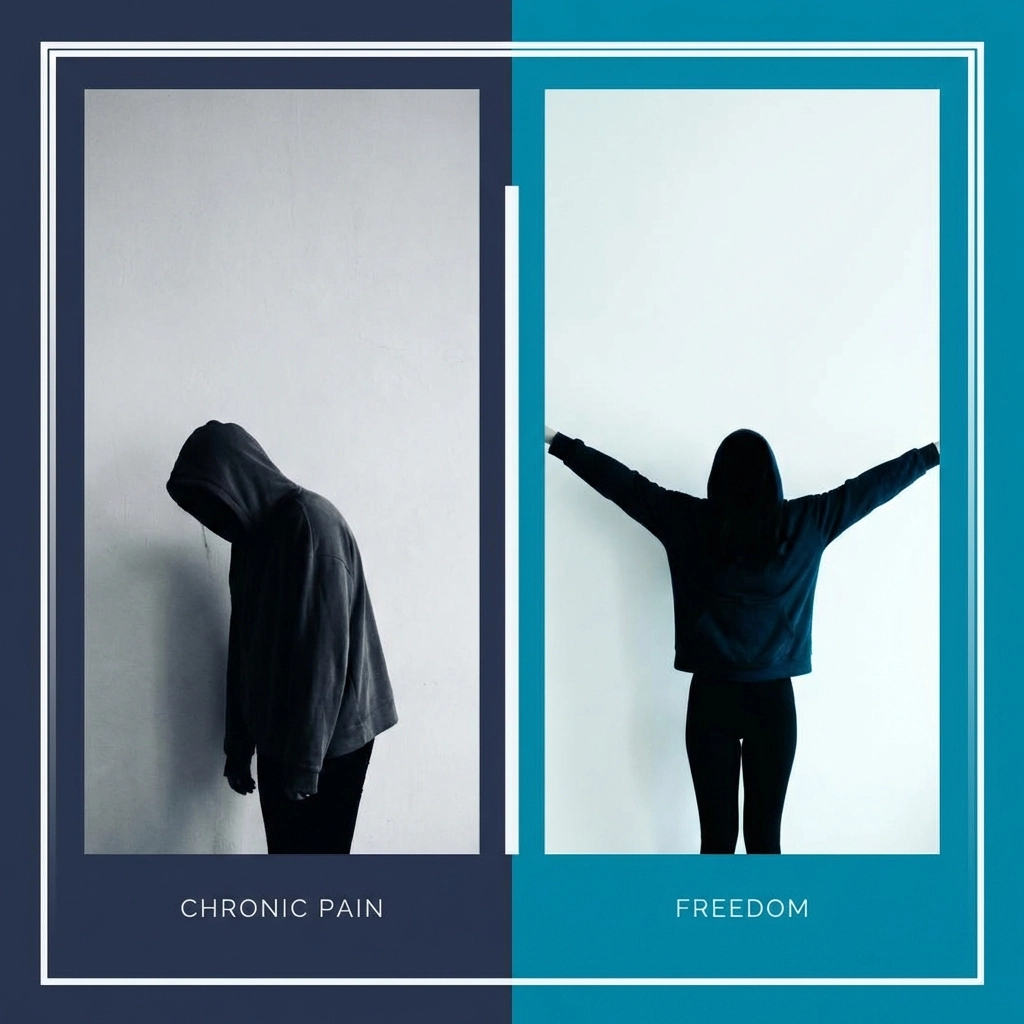 Before and after silhouette showing pain relief transformation, representing benefits of home pain relief massage Los Angeles