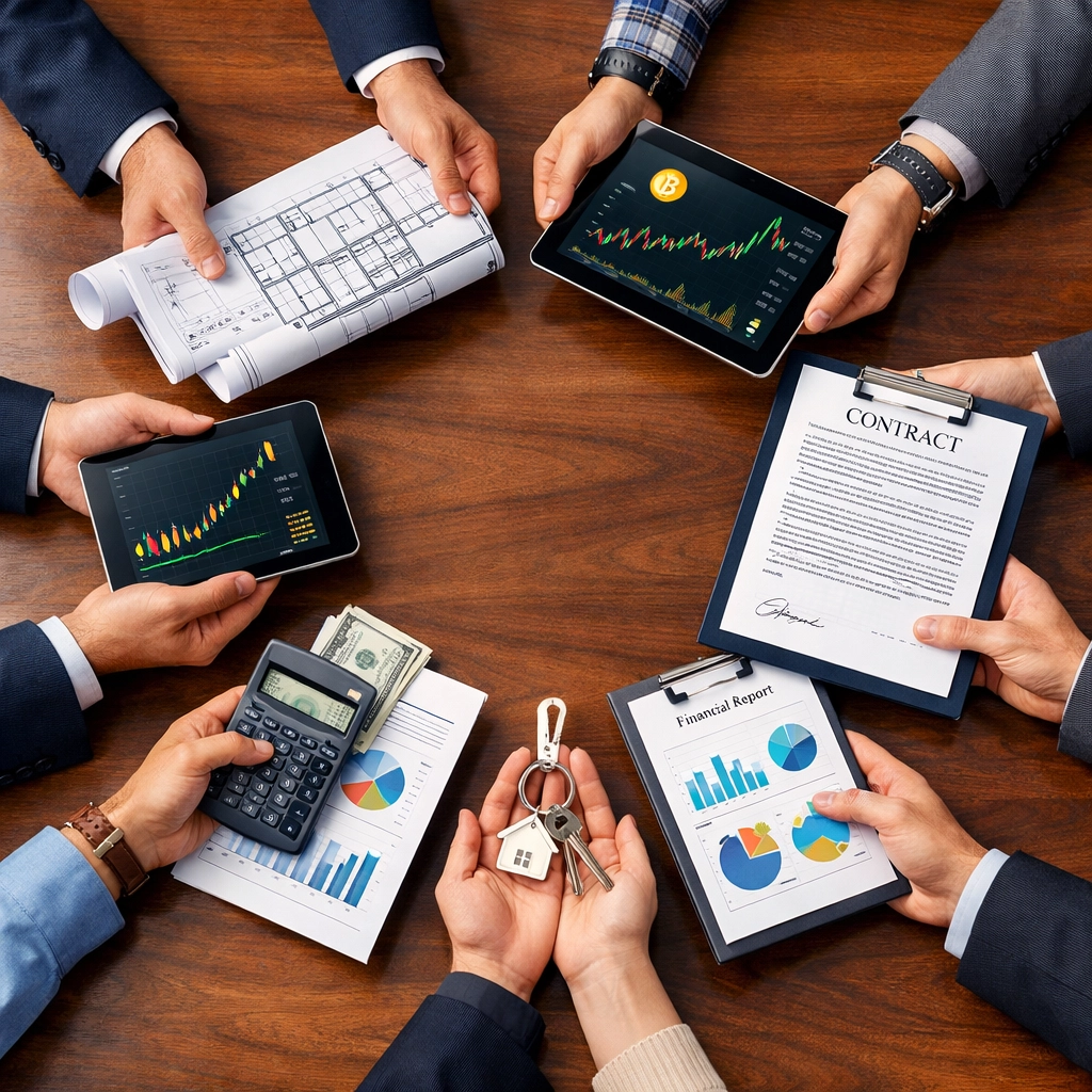 Investment managers collaborating on crypto, real estate, and private equity