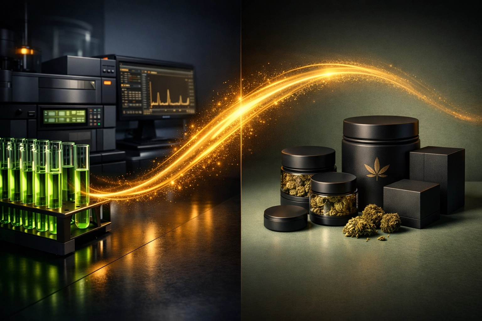 Cannabis testing lab equipment and premium compliant packaging representing the B2B supply chain connection.