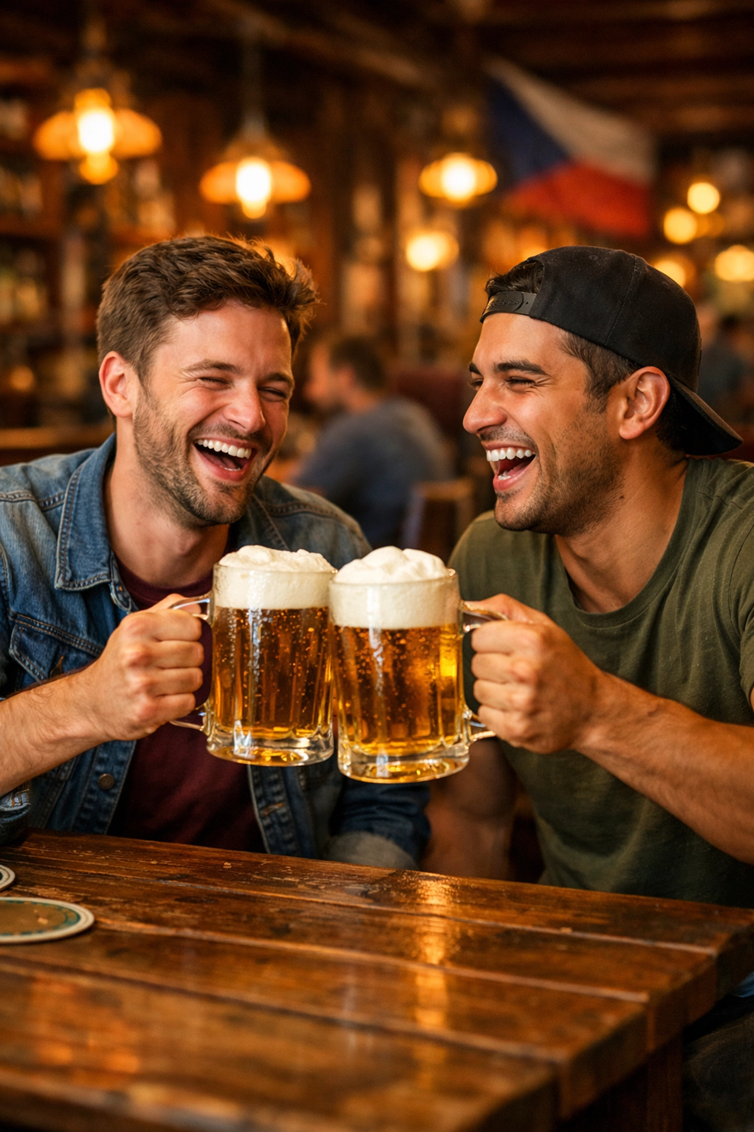Two gay men sharing a laugh and Czech beer in a traditional, authentic Prague pub.
