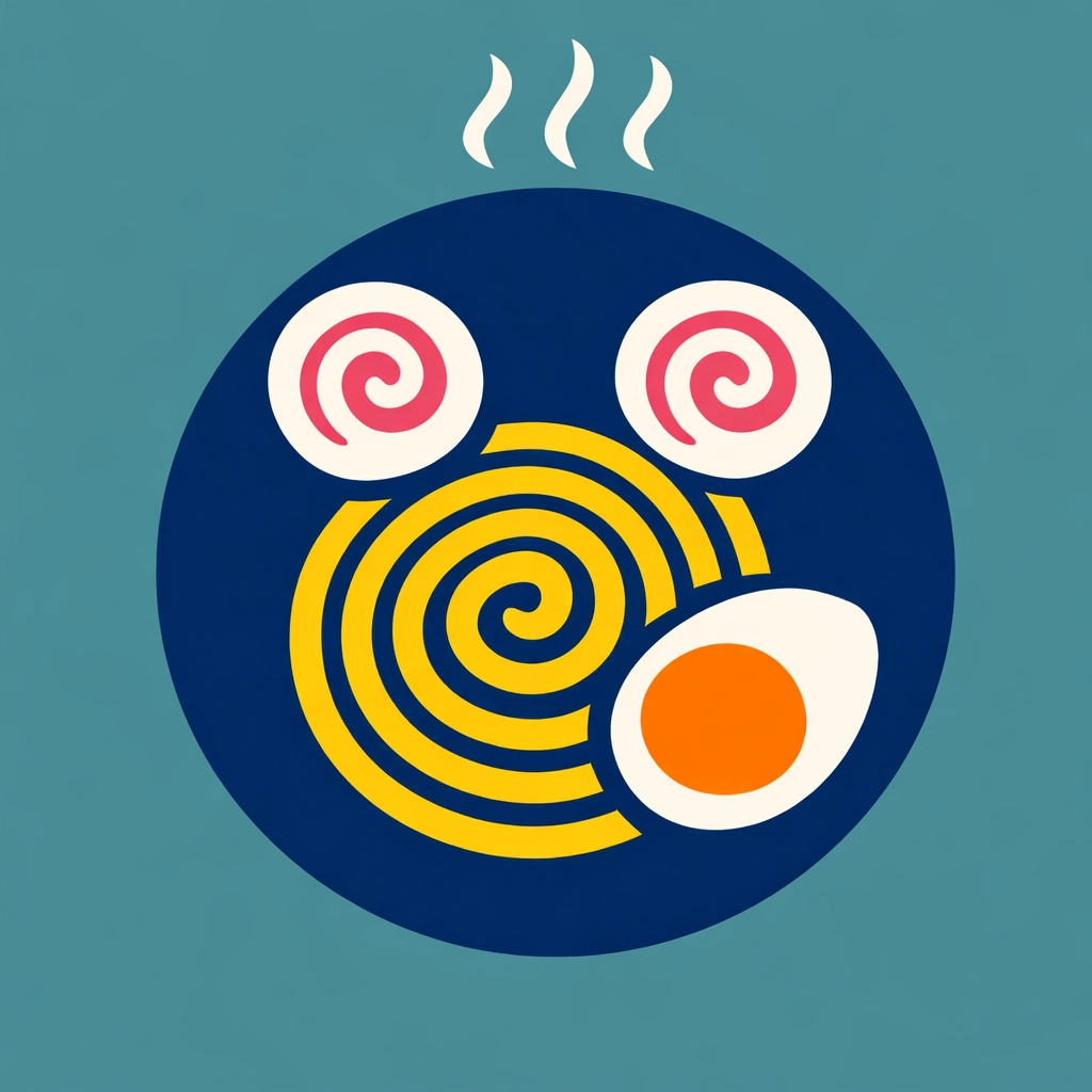 Flat-lay graphic of a traditional Tokyo ramen bowl with noodles and soft-boiled egg.