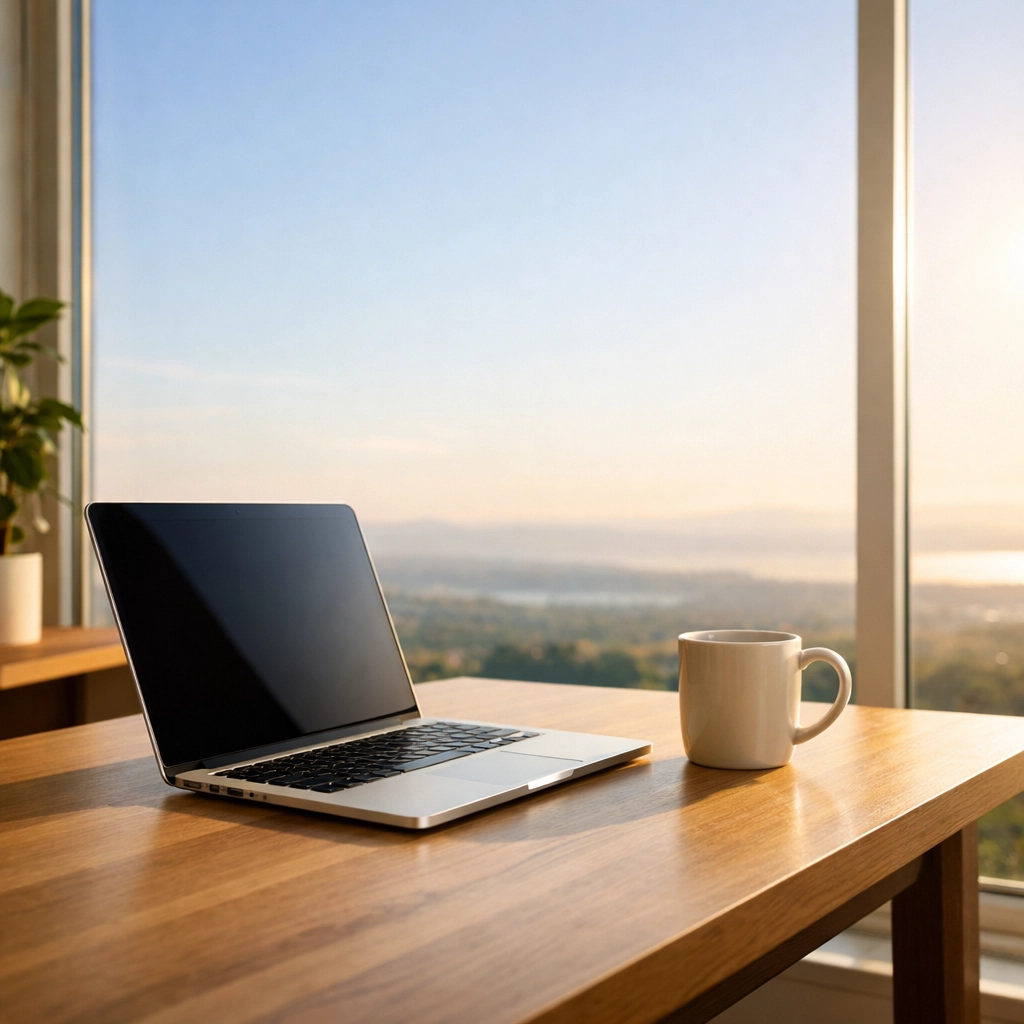 Modern home office with a laptop and horizon view, symbolizing the freedom of a specialized virtual CPA.