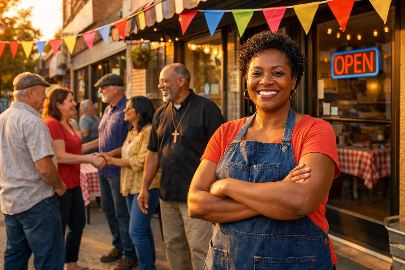 Black-owned business owner celebrating community initiative launch with church partners