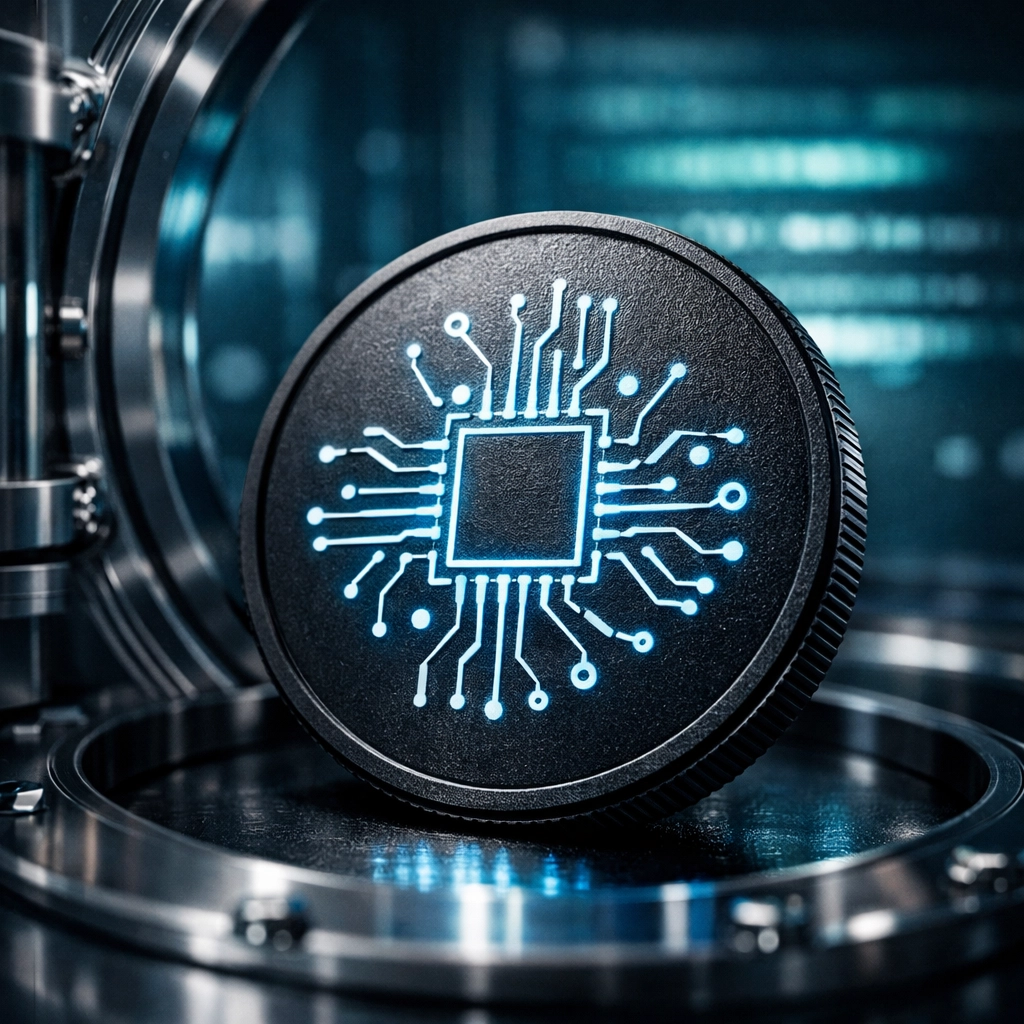 Secure digital coin in a high-tech vault representing institutional-grade Bitcoin and crypto assets.