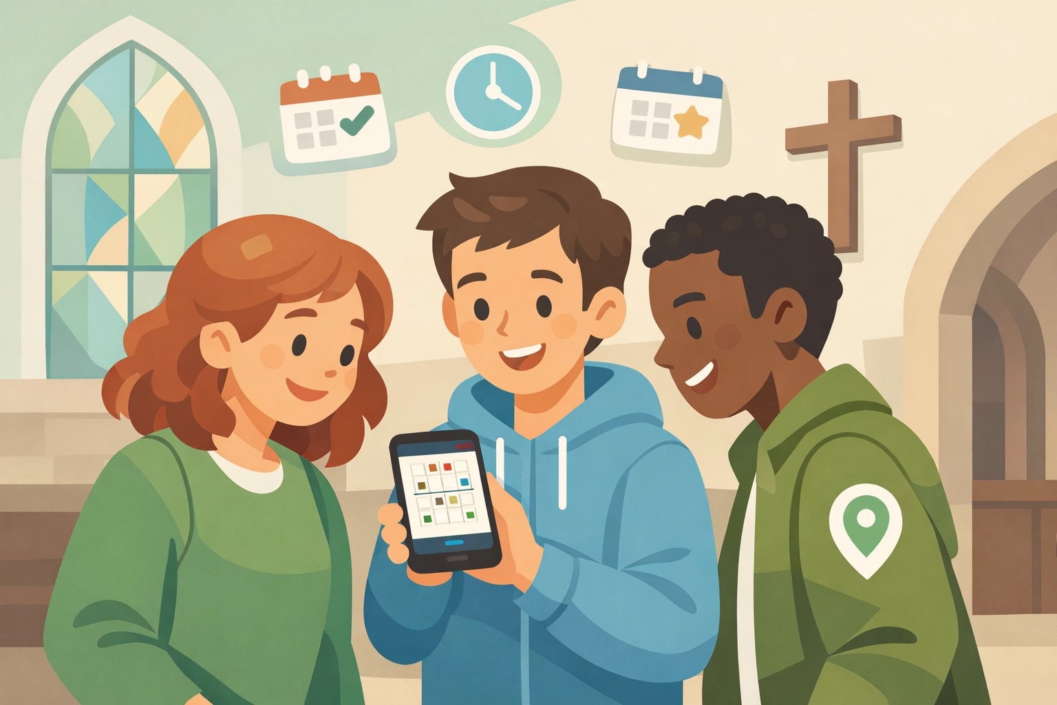 Friends in a church hallway checking events on a phone and connecting