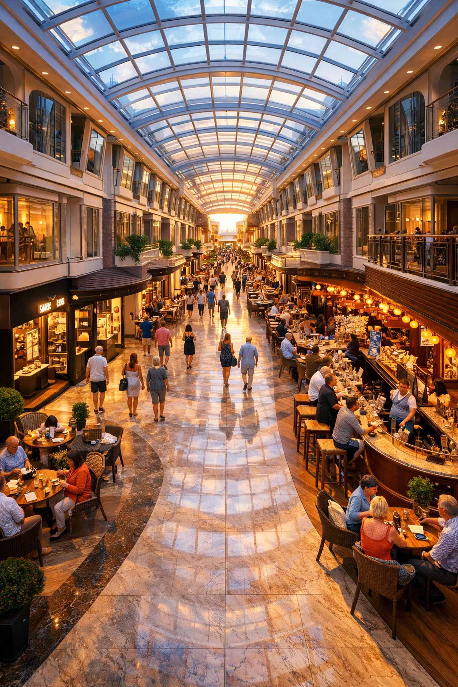 Cruise ship indoor promenade with shops and passengers demonstrating architectural crowd flow design