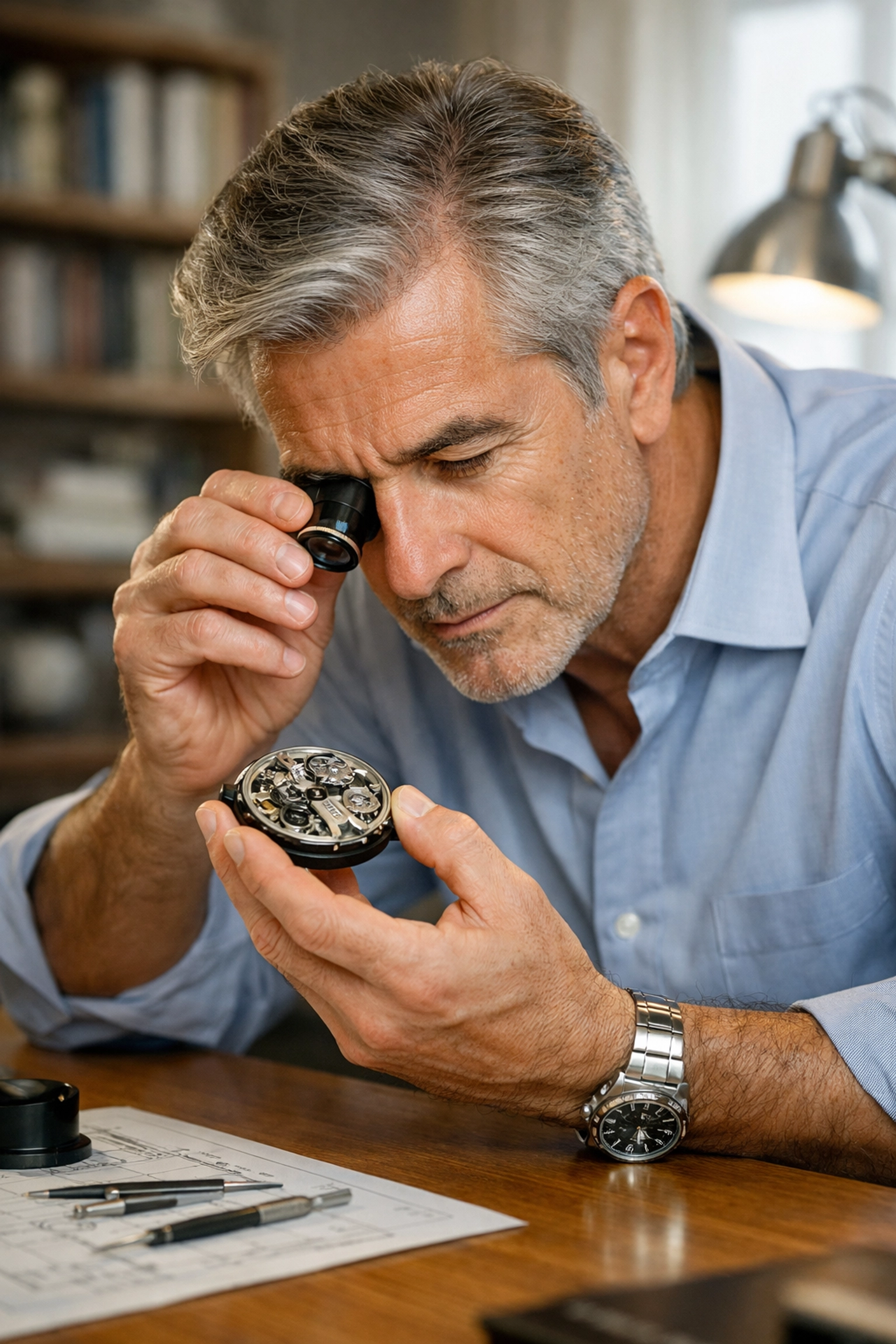 Man inspecting a watch movement, representing forensic precision to protect retirement savings from hidden wealth leaks.