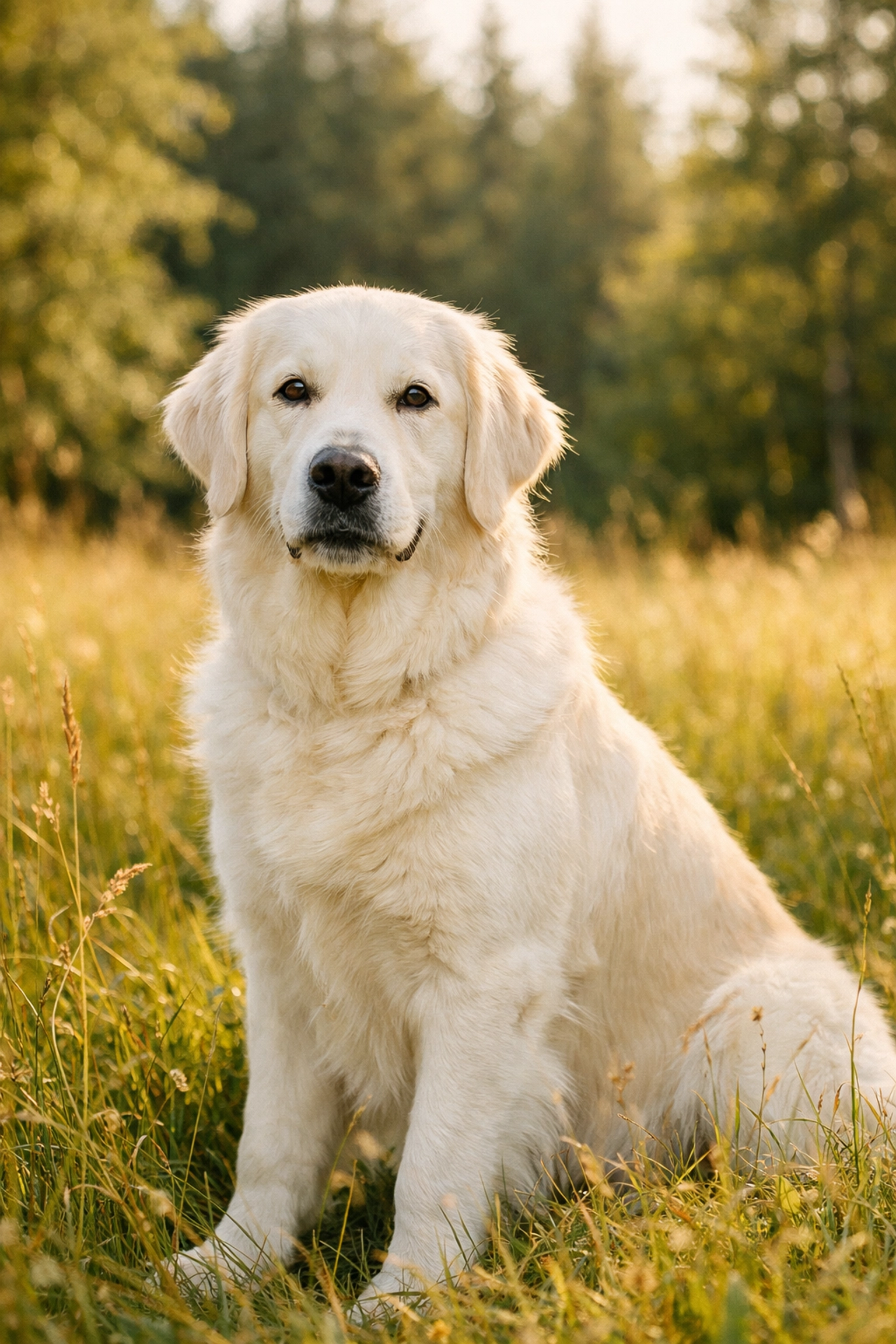 Health tested English Cream Golden Retriever in a sunny Boring Oregon field representing longevity.