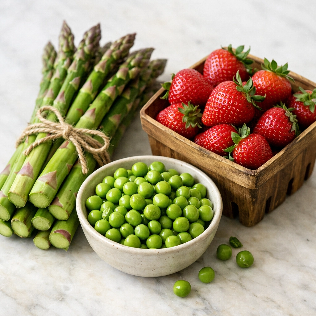 Fresh PNW asparagus, peas, and strawberries ready for a seasonal Southern catering menu.