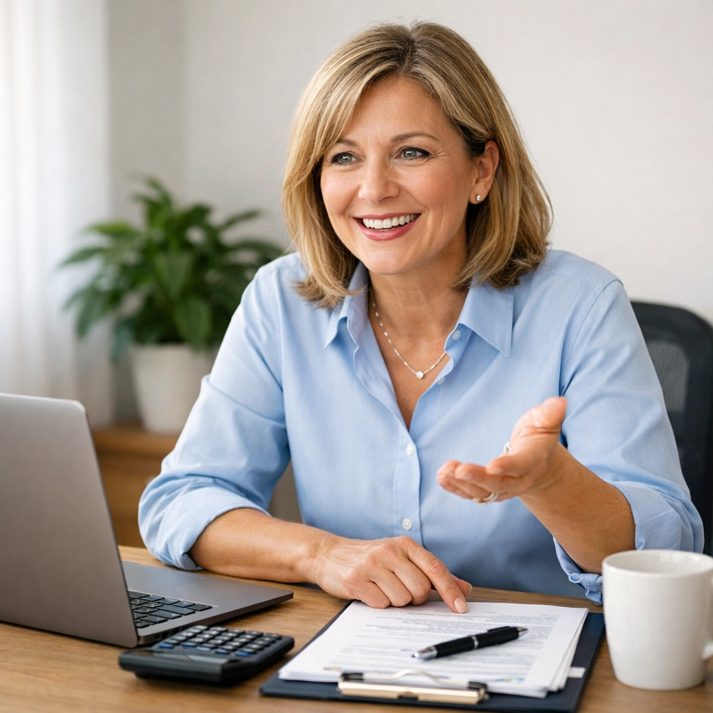 Friendly bookkeeper providing strategic financial advice to small business owner