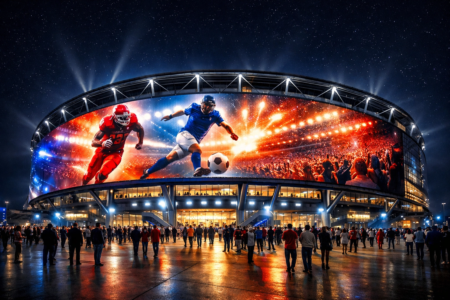 A massive LED display on a modern sports stadium exterior shows the high-impact scale of sports-centric DOOH media.