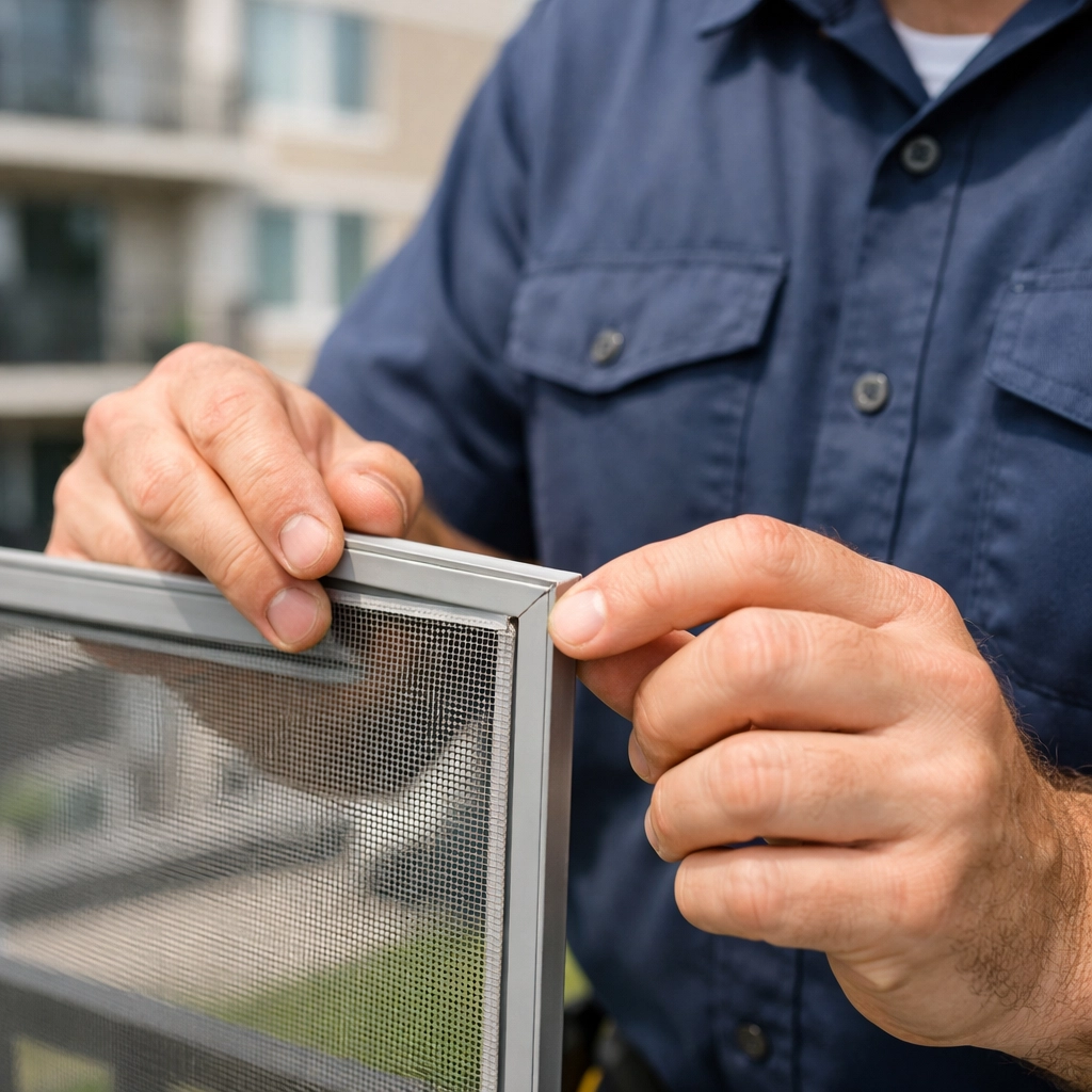 Maintenance worker checking window screen frame during apartment turnover inspection