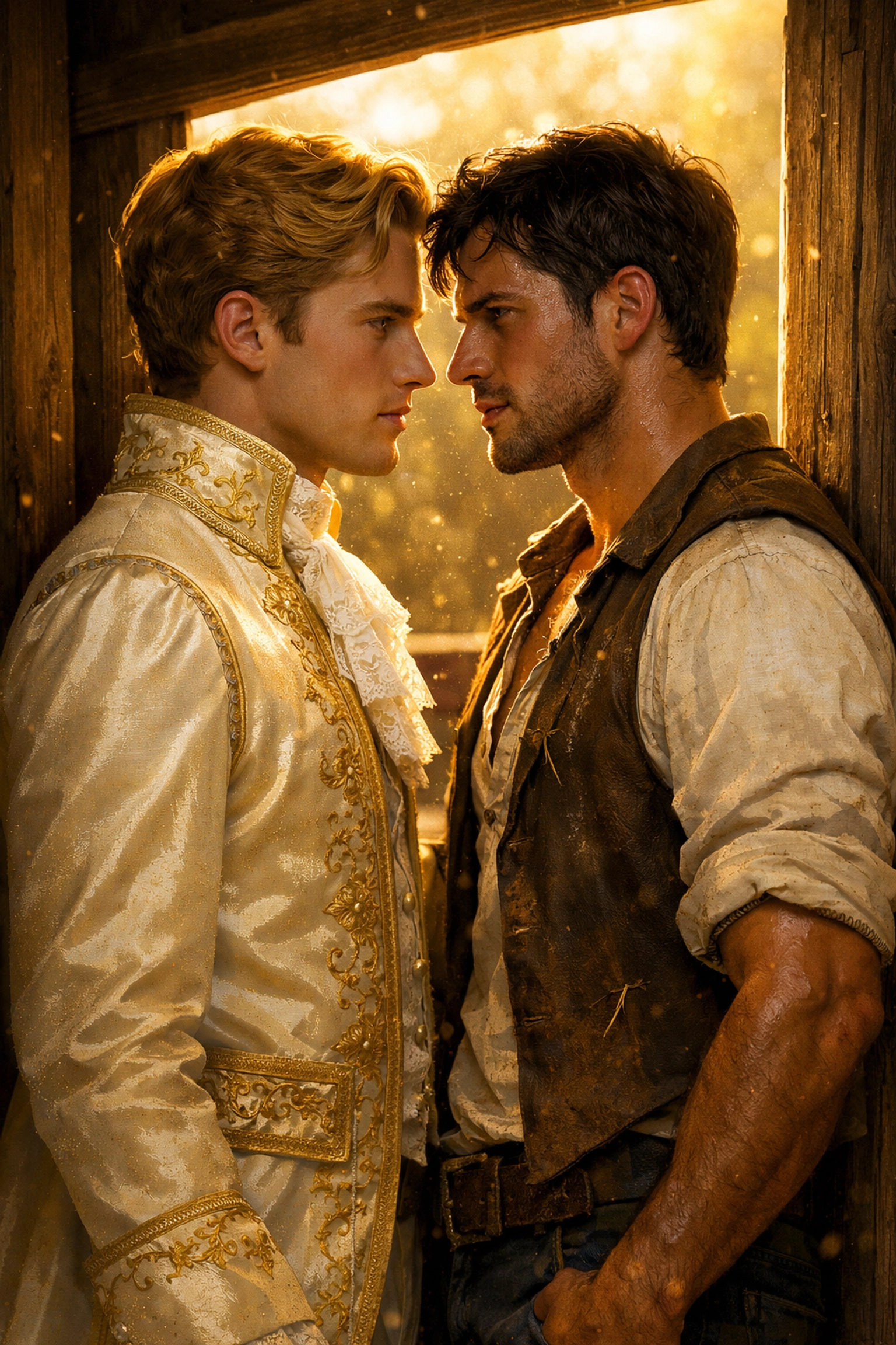 A prince and a muscular stable boy sharing an intense romantic look in a rustic barn.