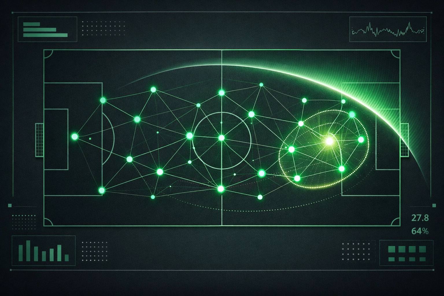 Tactical football pitch map with AI data nodes identifying hidden betting value and match trends.