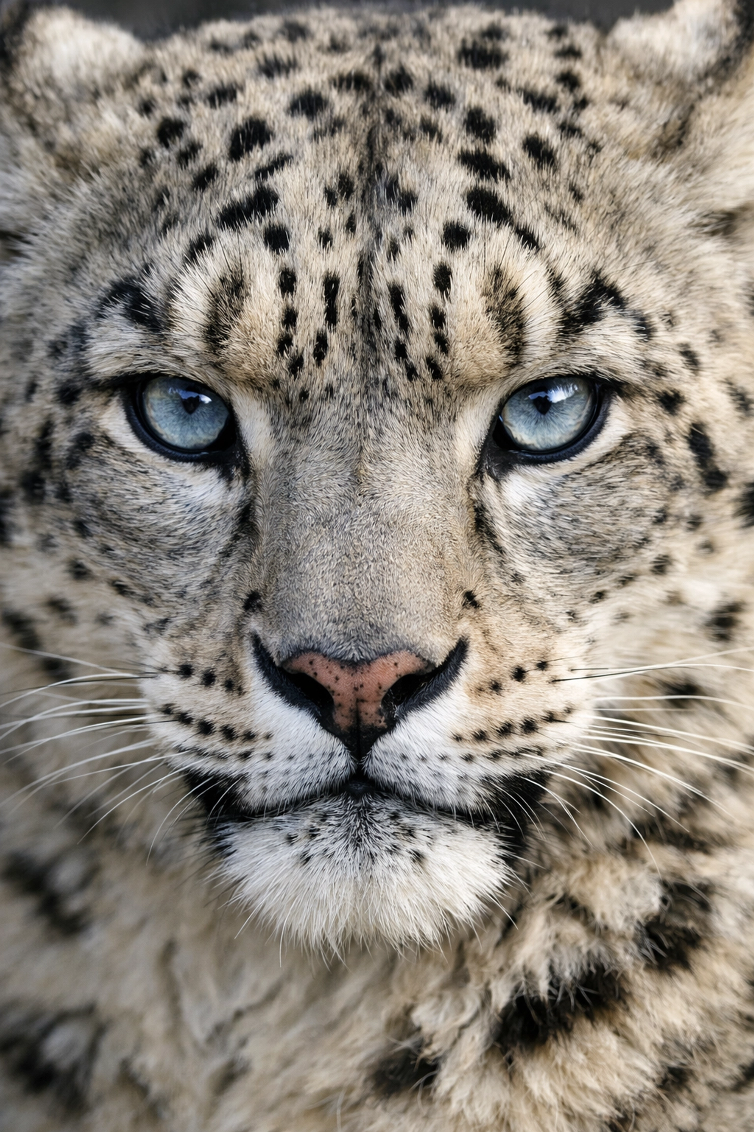 Detailed close-up of a snow leopard's face for a professional sponsored species spotlight.