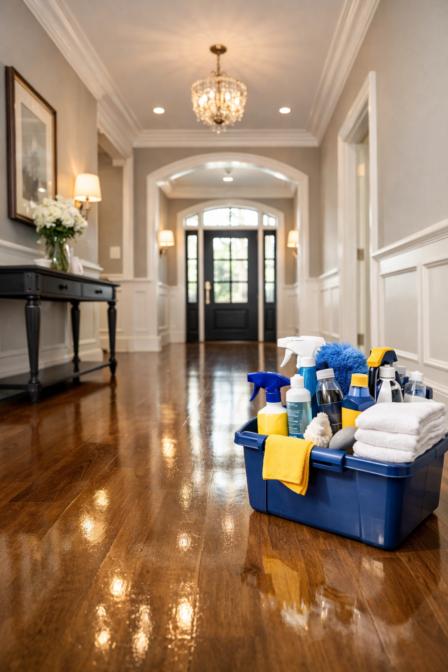 Residential cleaning MA equipment caddy in a luxury home maintained by professional cleaners MA.