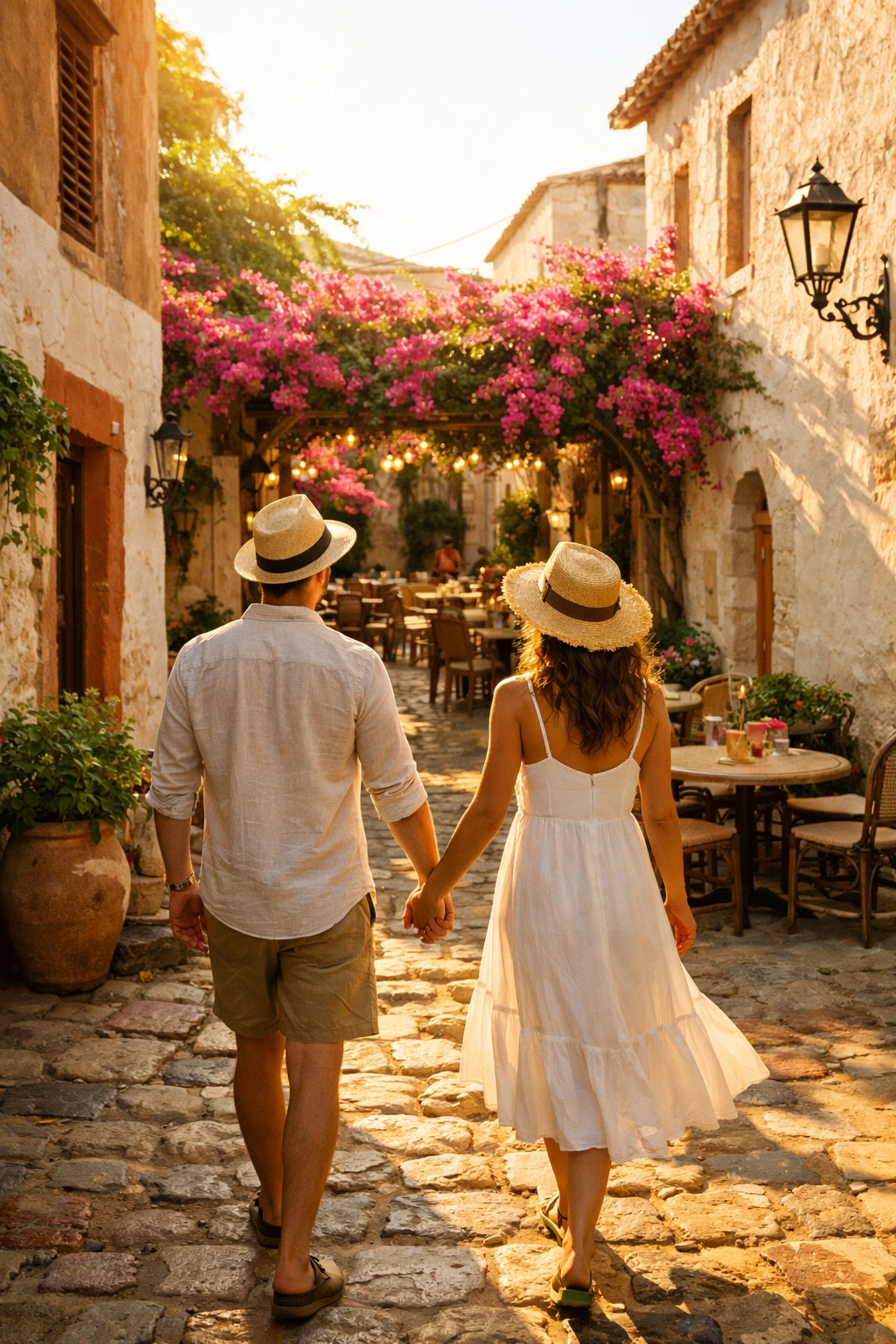Couple discovering a hidden café while exploring a Mediterranean village on vacation