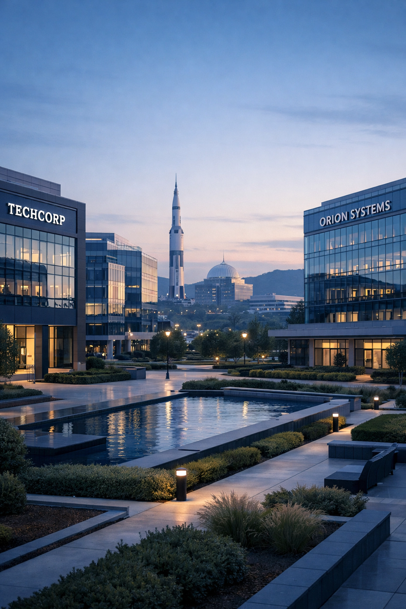 Modern Huntsville Alabama business district with office buildings and skyline