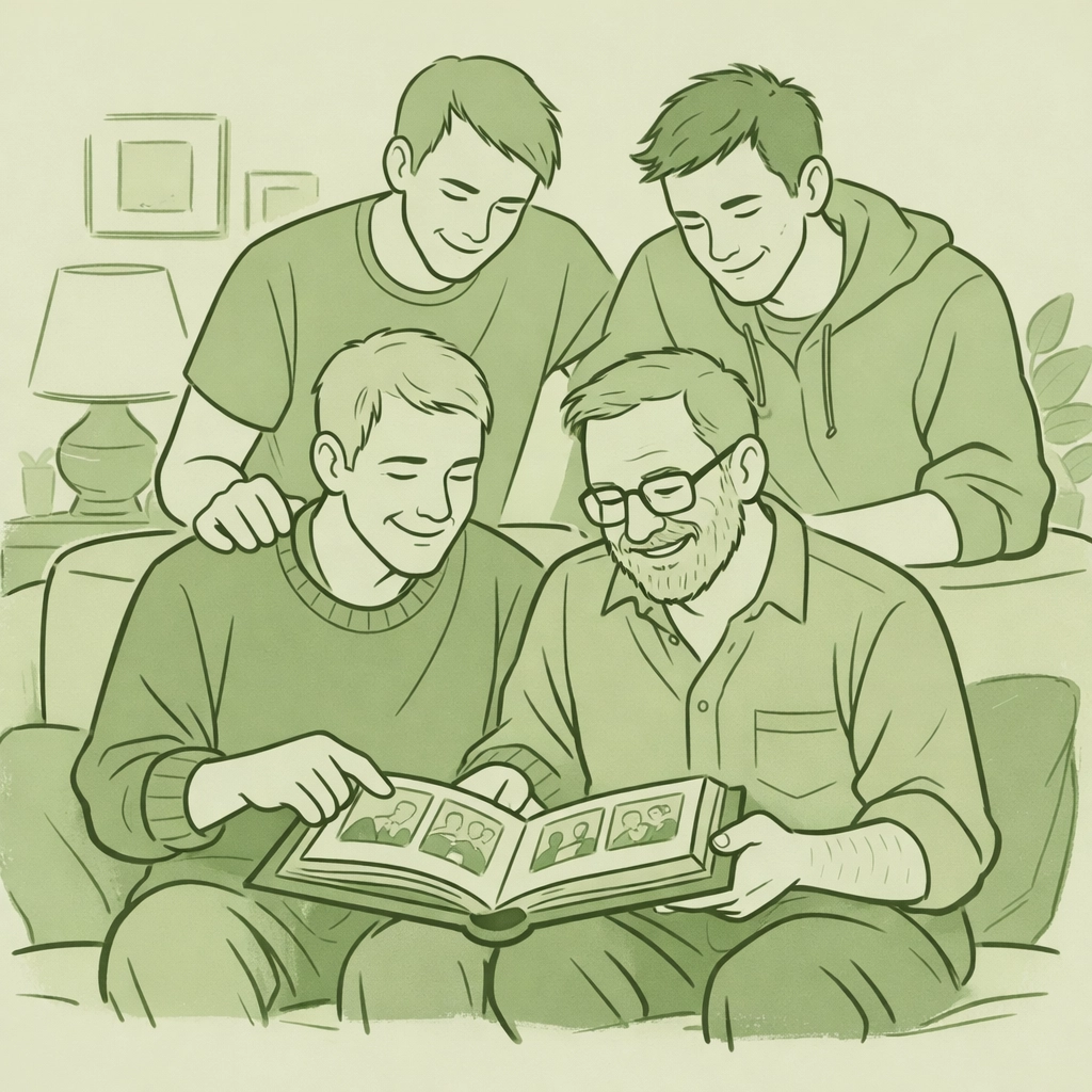 Gay family with two dads and sons sharing memories together at home