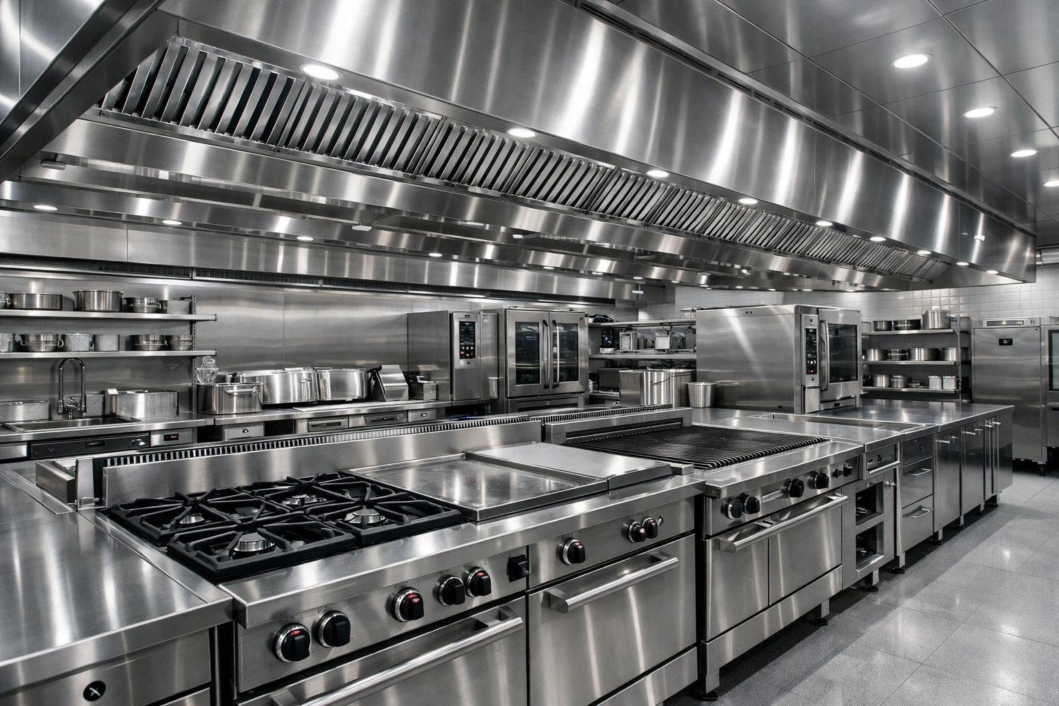 Spotless commercial kitchen with industrial stoves ready for a professional restaurant insurance quote audit.