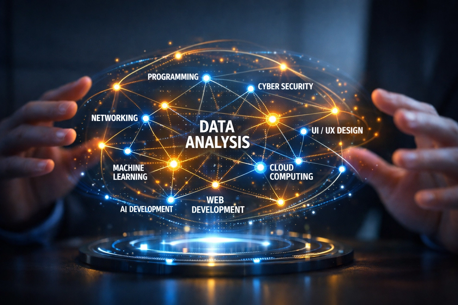 A glowing digital network of interconnected technical skills and competencies used for AI-driven hiring analysis.