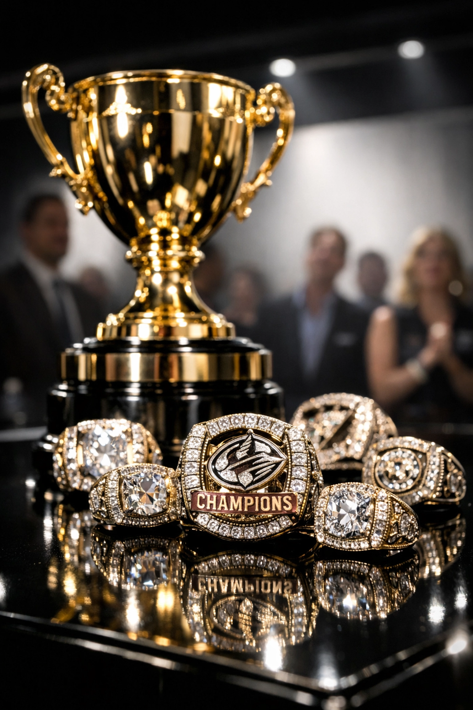 Close-up of a gold championship trophy and diamond rings representing brand excellence and exclusive access.