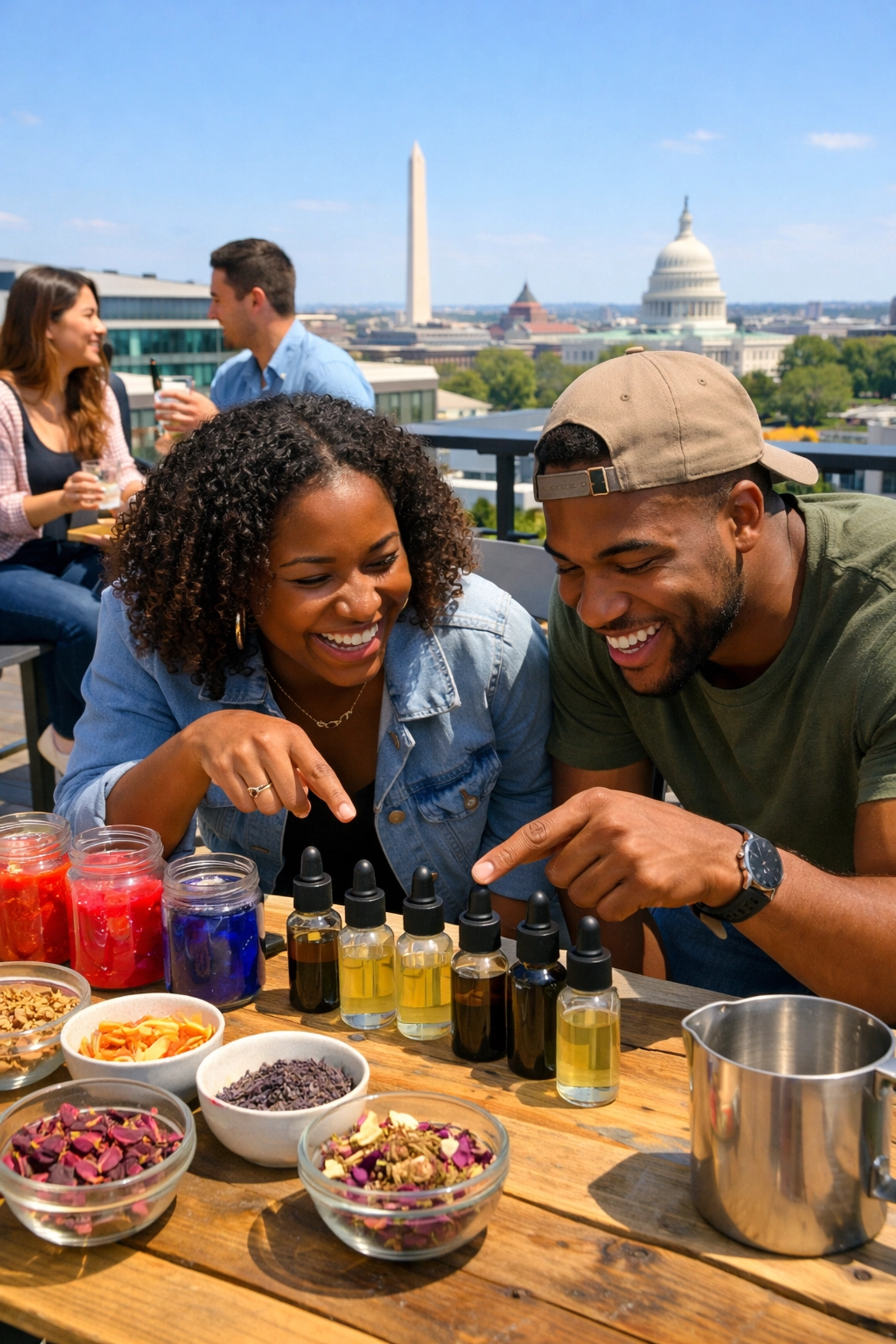 DMV professionals enjoying a mobile candle making workshop on a sunny office rooftop.