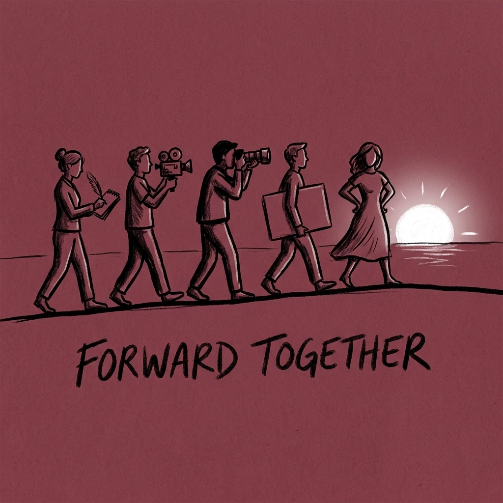 Writers, filmmakers, photographers, artists, and models walking together toward a horizon, showing unity in the creator community.