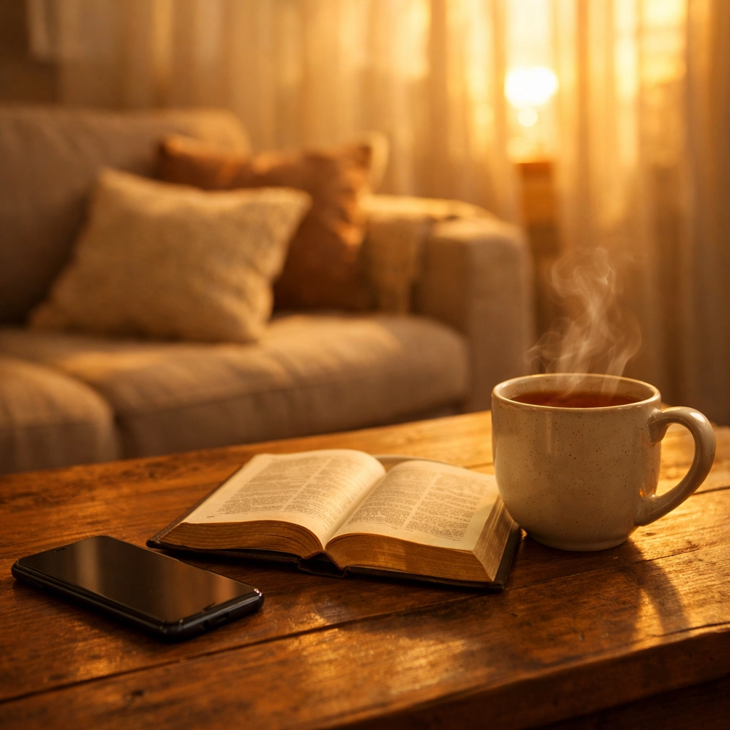 Peaceful living room with Bible and tea, phone face-down for evening rest without news anxiety