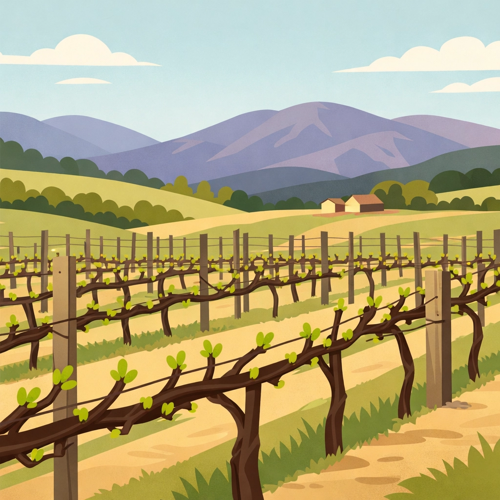 Virginia vineyard in spring showing bud burst with Blue Ridge Mountains in background