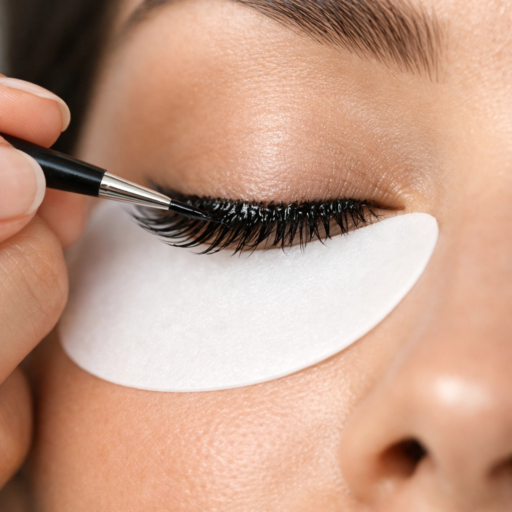 A lash technician demonstrating how to tint lashes using a precision application brush.