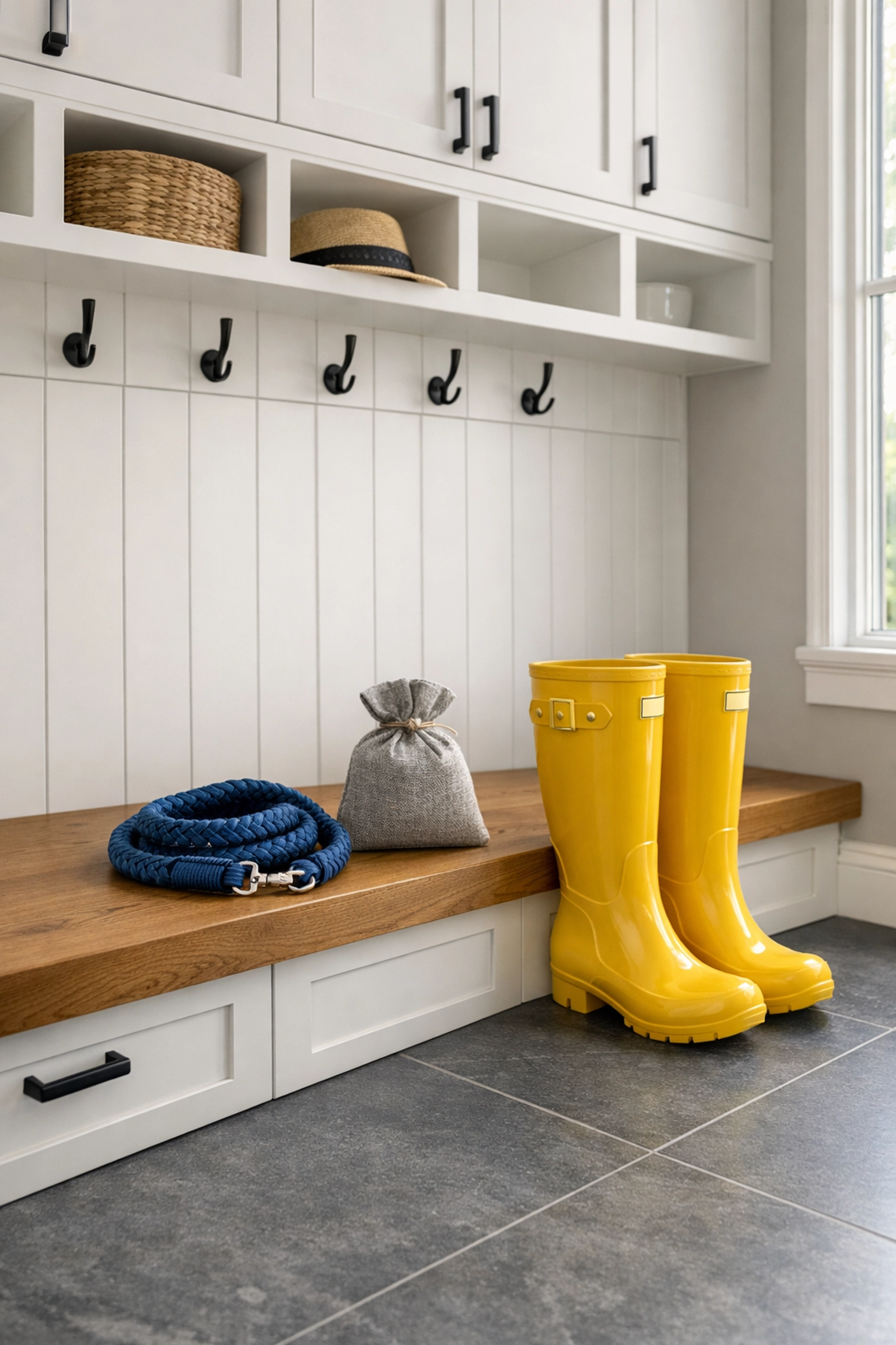 Modern mudroom with pet gear and natural cedar sachets to maintain a fresh, eco-friendly home.