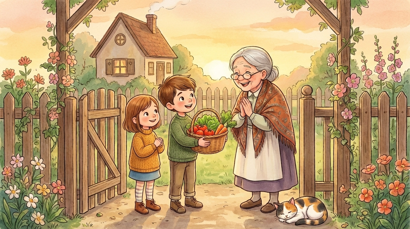 Children sharing a basket of homegrown vegetables with a neighbor, teaching selflessness in the garden.