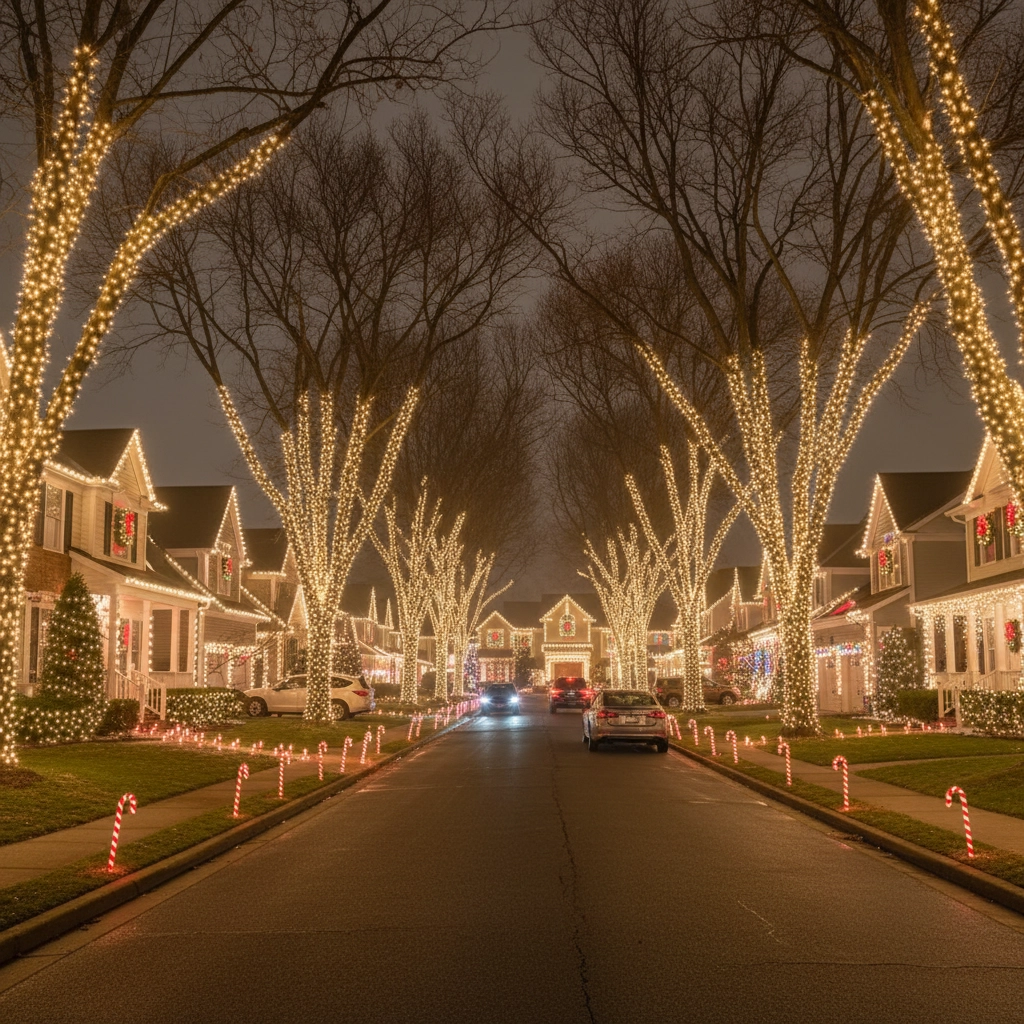 Residential home elaborately decorated with Christmas lights in a South Jersey neighborhood