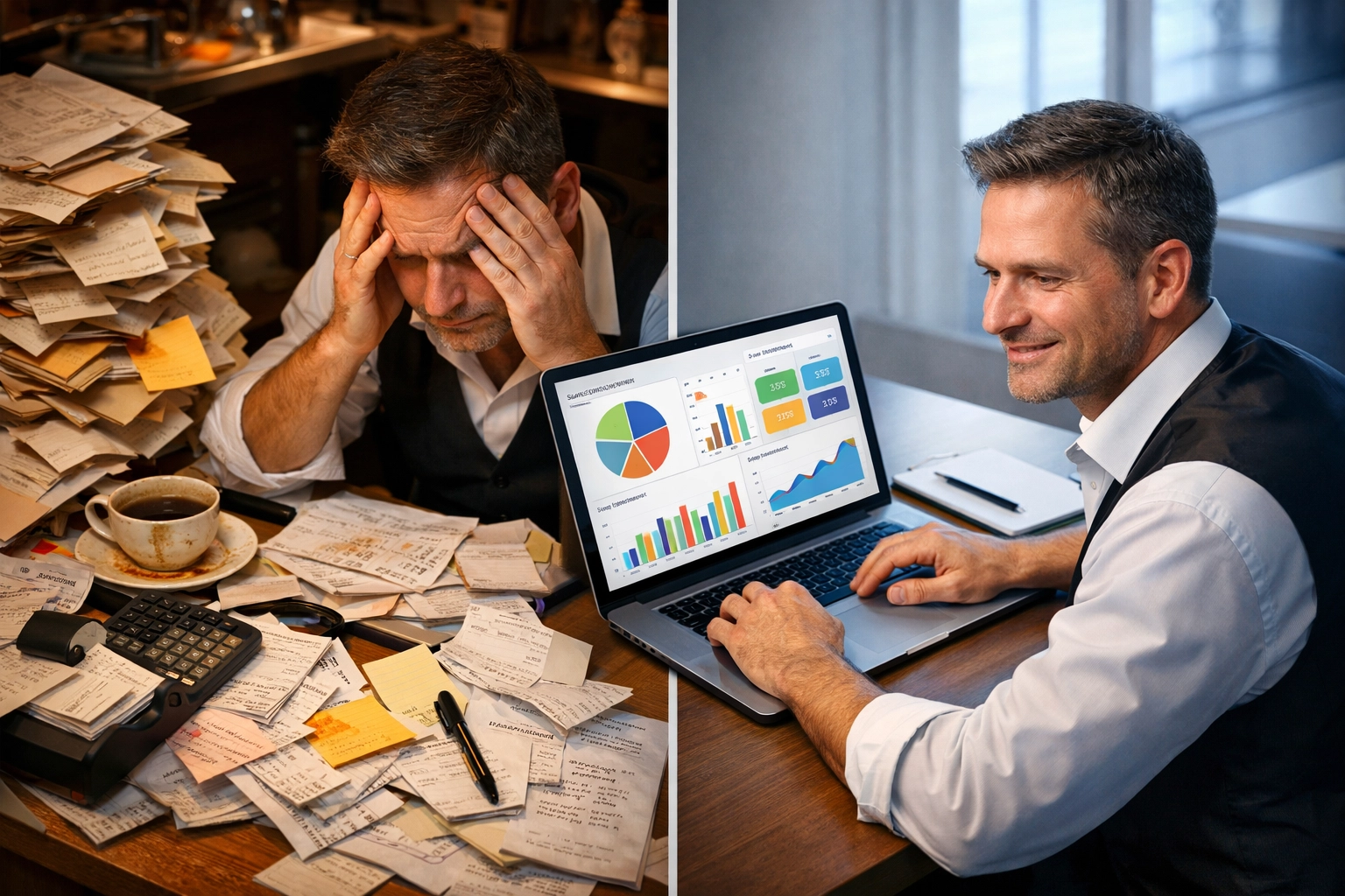 Restaurant manager comparing chaotic paperwork to organized digital analytics dashboard