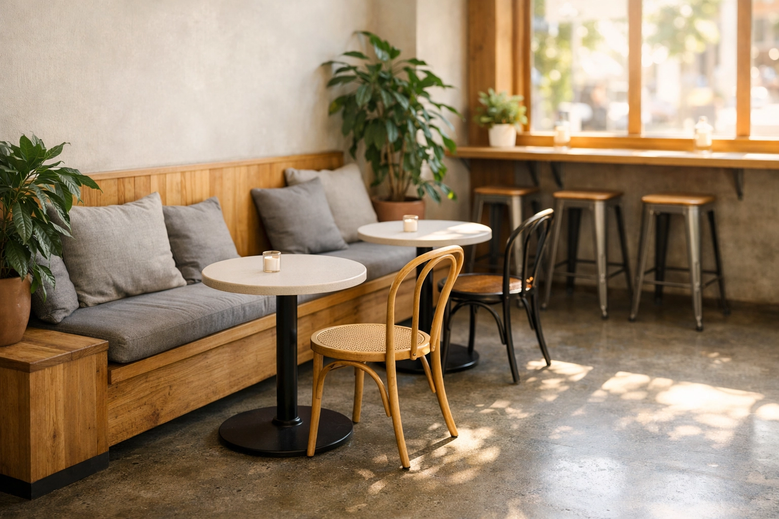 Space-saving coffee shop set up with built-in wooden bench seating and a variety of cafe furniture.
