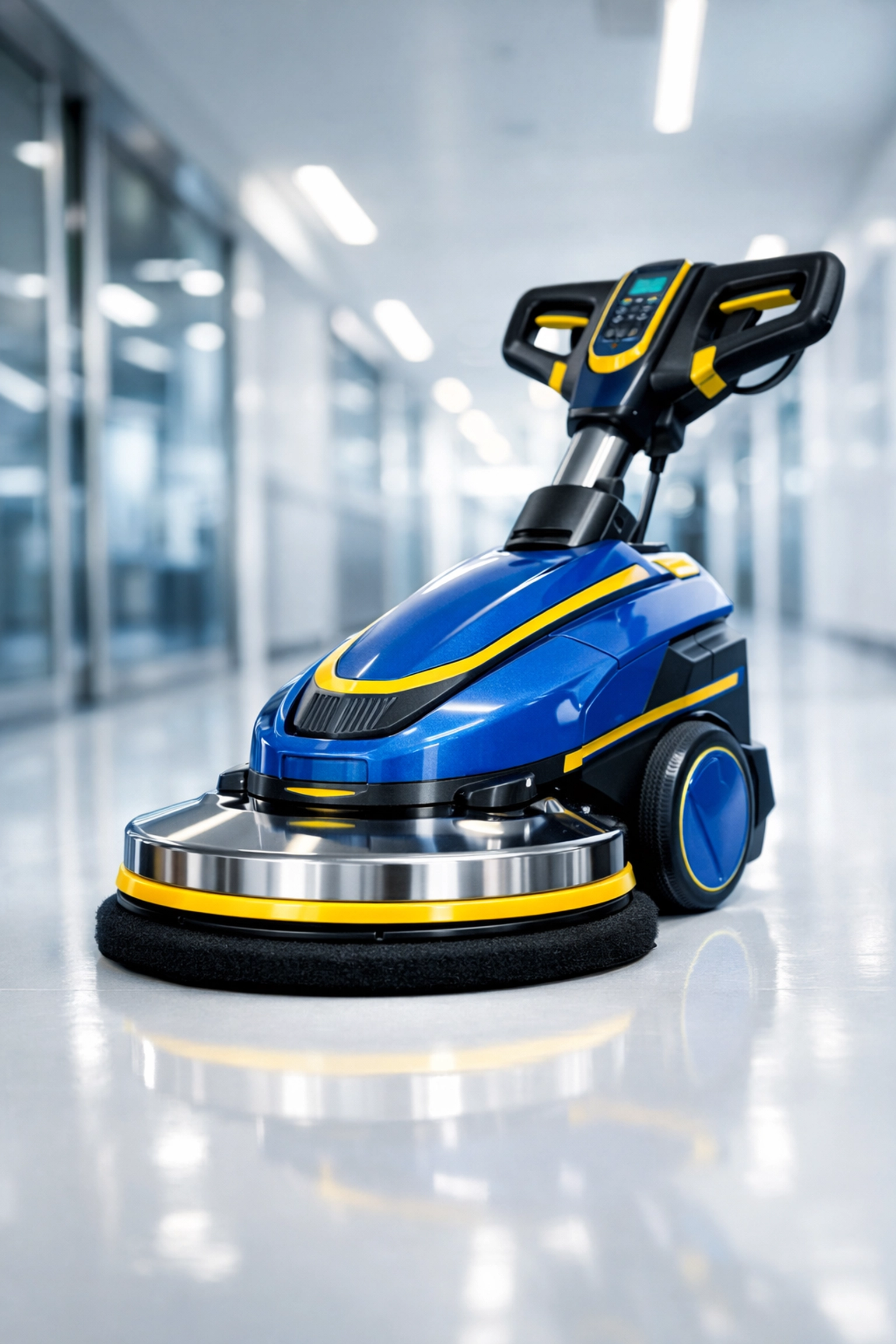 High-tech blue and yellow floor buffing machine on a pristine white office floor in a Gloucester facility.