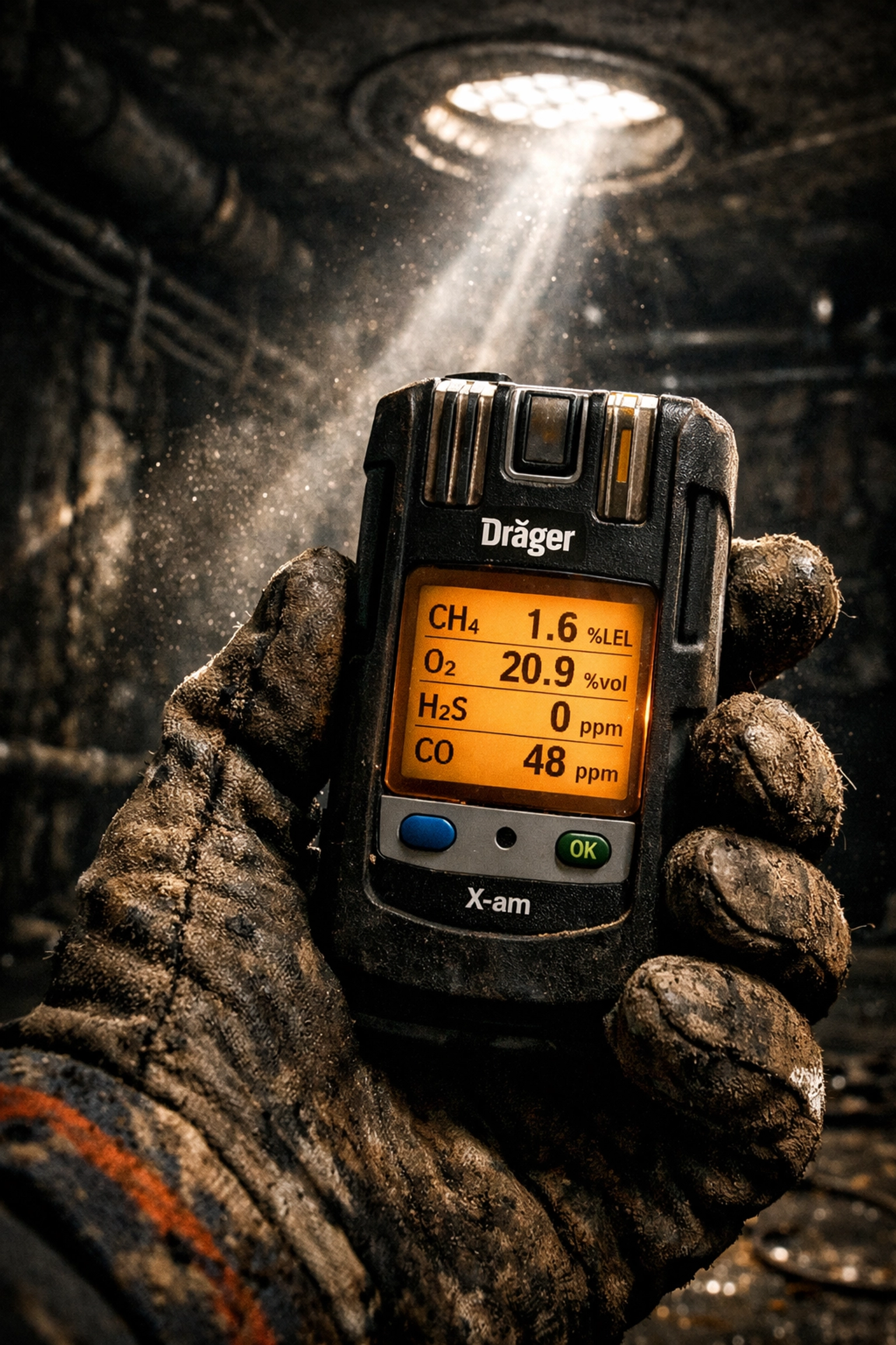 Dräger X-am gas detector held by an industrial worker for confined space safety monitoring in Fort Wayne.