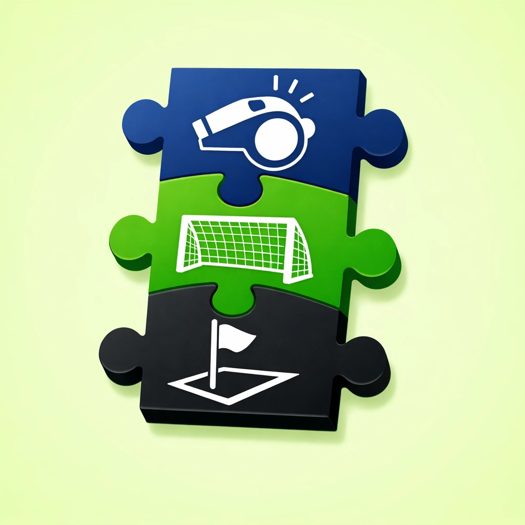 Interlocking puzzle pieces representing tactical correlations between goals, corners, and match stats.